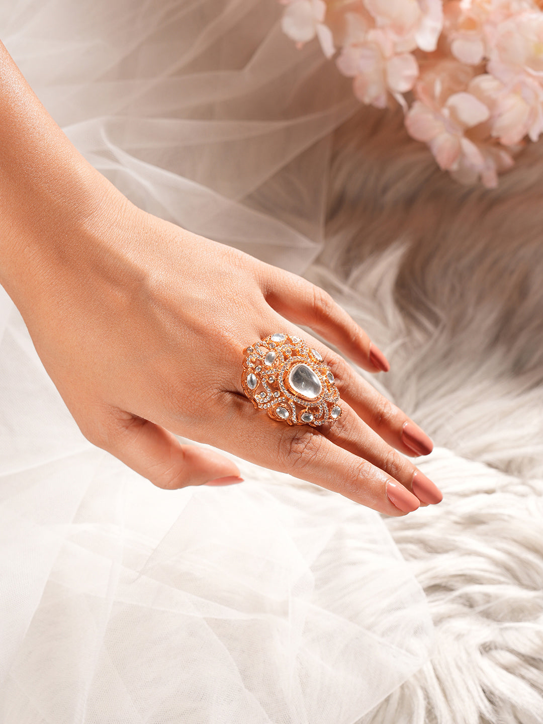 Gold Plated Kundan  Moissanite Studded Filigree Luxe Tilak Shaped Cocktail Finger Ring