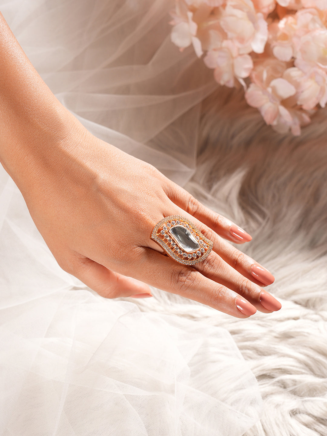 Gold Plated Uncut Kundan Polki Mossanite & Zircon Studded Luxe Quirky Adjustable Finger Ring