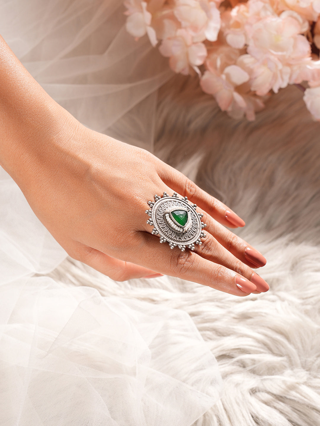 Oxidised Silver Toned Emerald Green Stone Studded Fusion Statement Tribal Adjustable Finger Ring