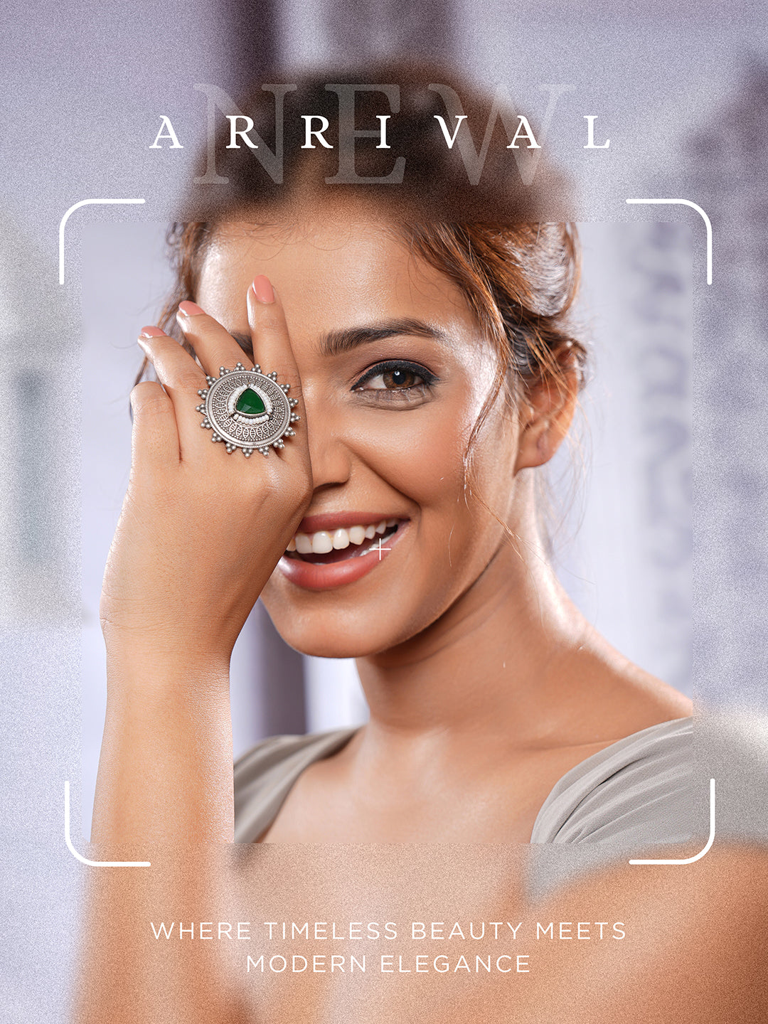 Oxidised Silver Toned Emerald Green Stone Studded Fusion Statement Tribal Adjustable Finger Ring