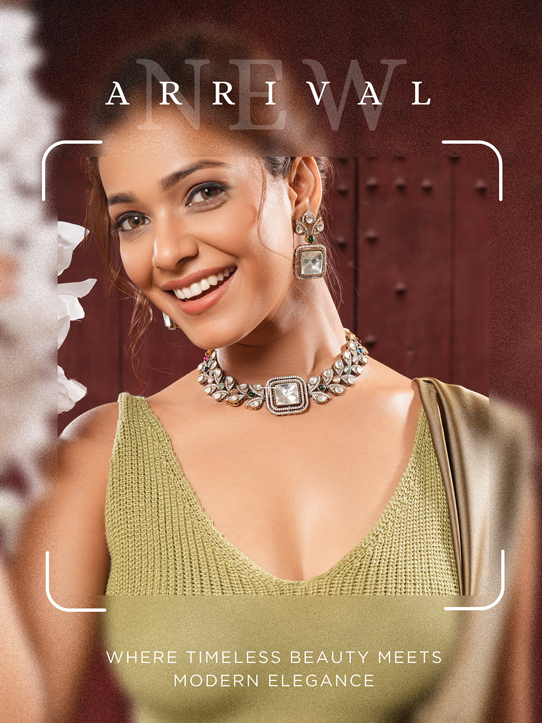 Oxidised Silver Toned Polki Kundan Studded Leafy Minimal Designer Choker Jewellery Set