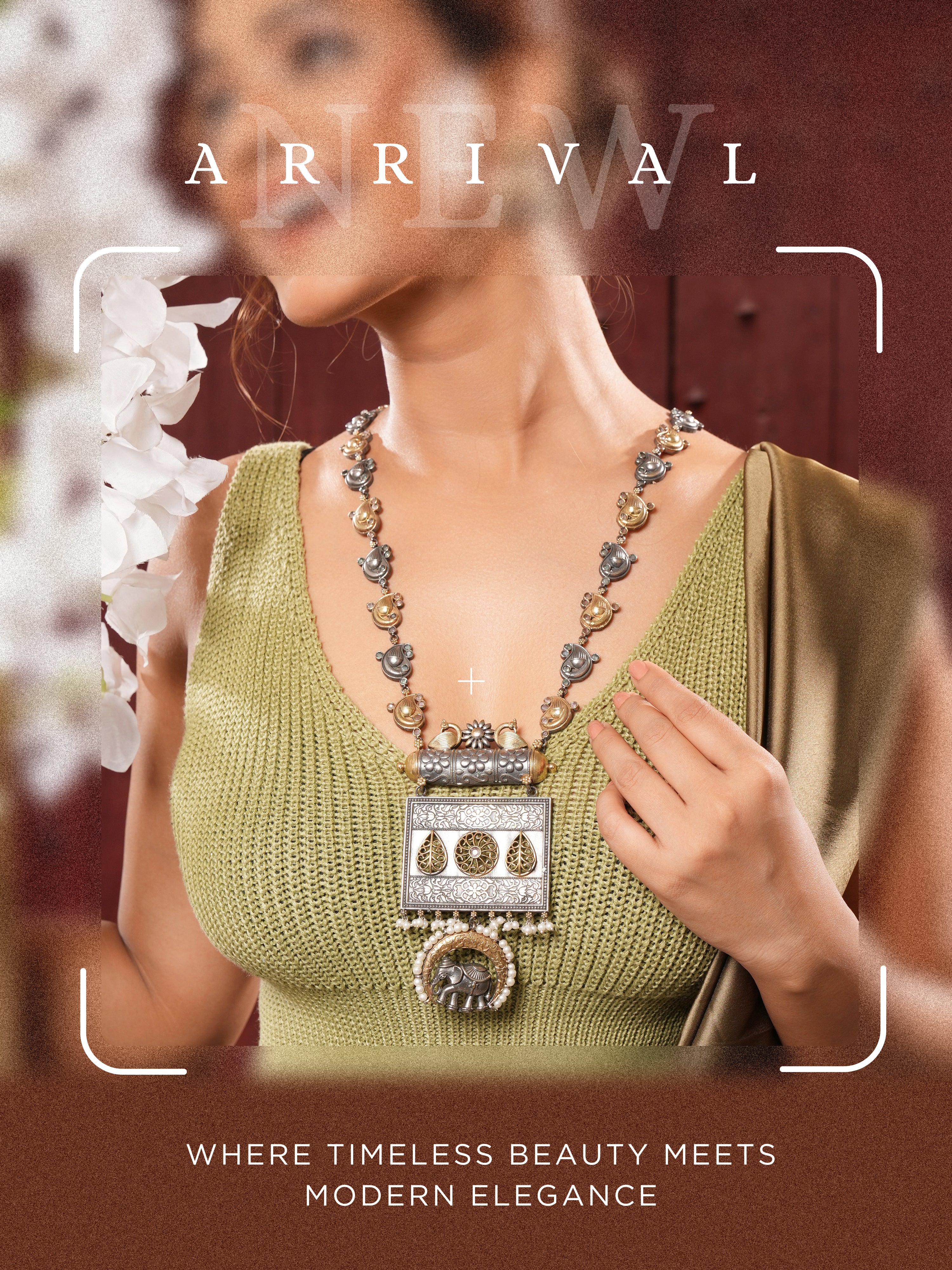 Oxidised Dual Toned Statement Fusion Tribal Elephant Leafy Contemporary Long Pendant Jewellery Set