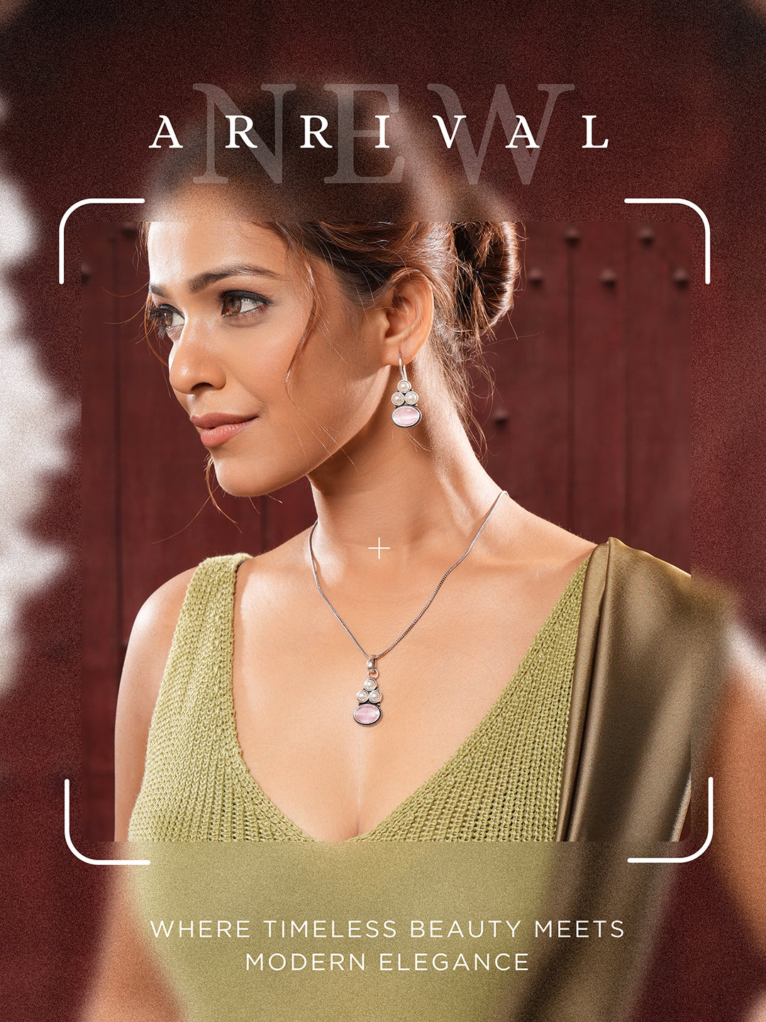 Oxidised Silver Toned Pink  Stone & Pearl Beaded Minimal Pendant Chain Jewellery Set