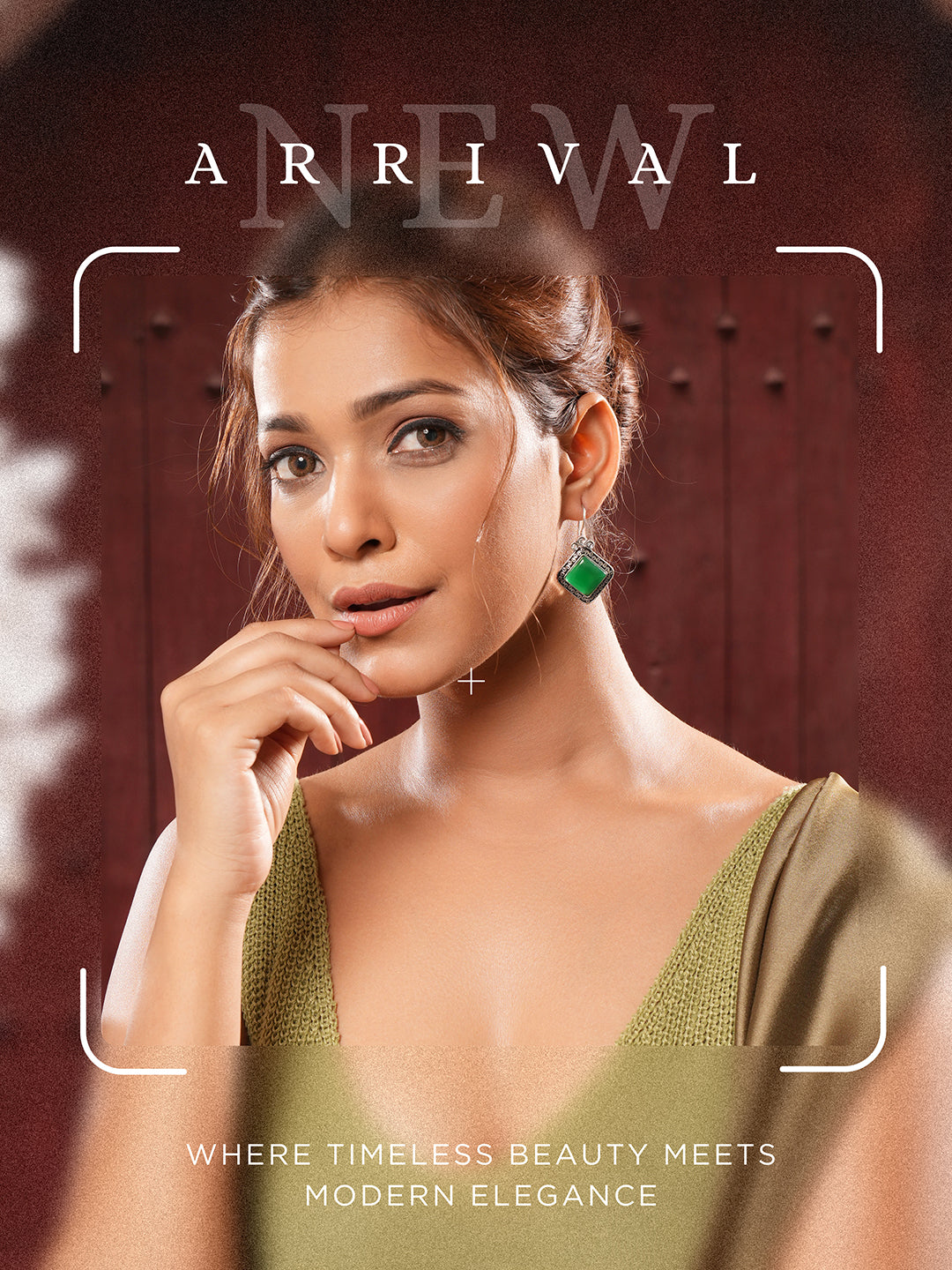 Silver  Oxidised Plated Green  Stone Studded Square Minimal Fish Hook Earrings