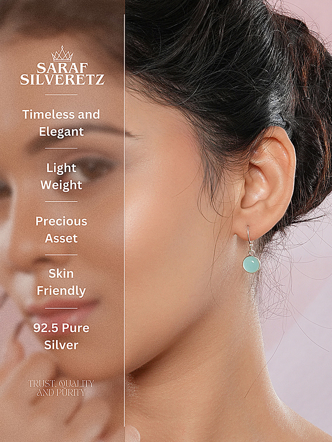 925 Sterling Silver  Mint Green Aqua Stone Studded Minimal Handcrafted Drop Earrings