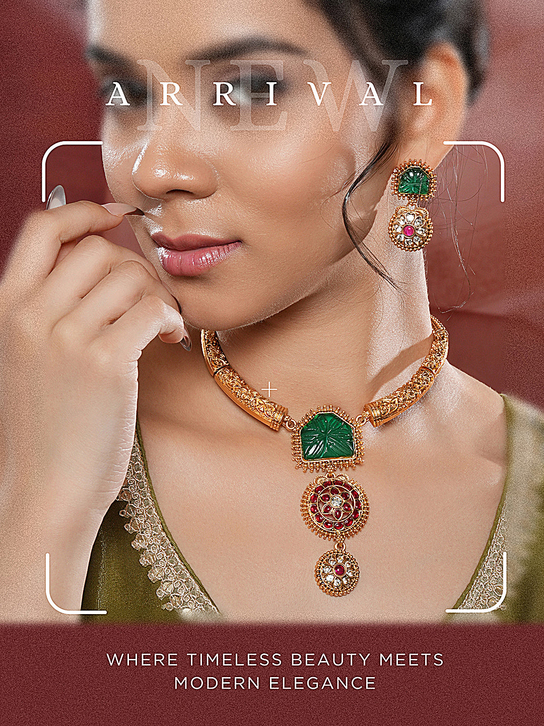 Traditional Gold Jewelry Set with Green and Red Stones