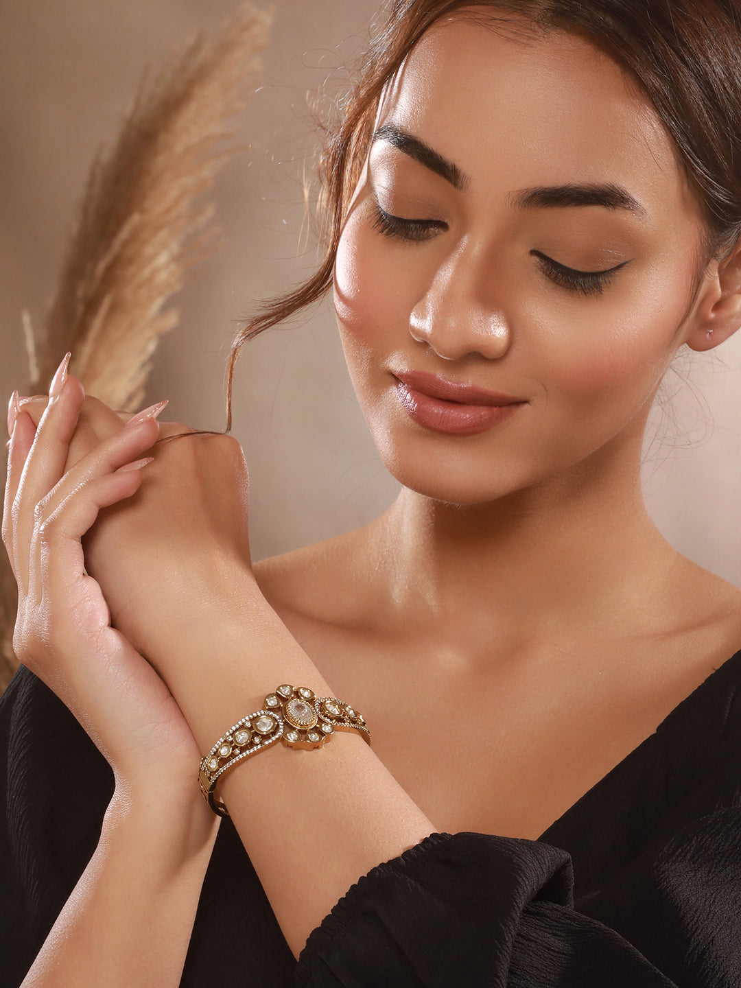 Gold Polish White Kundan Mossanaite Studded Floral Openable Kada Bracelet