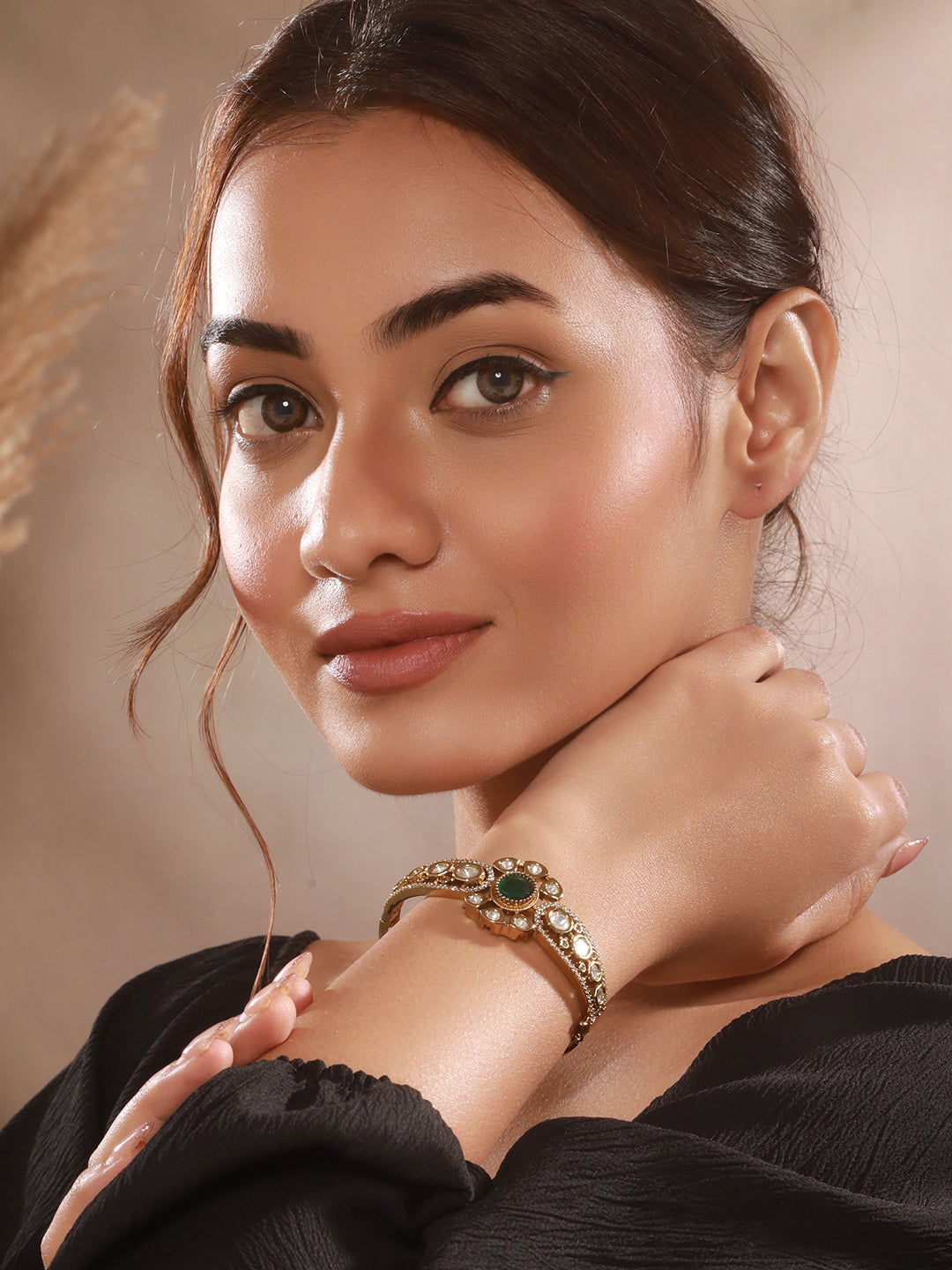 Gold Polish  Green Emerald Kundan  Mossanaite Studded  Floral Openable Kada Bracelet