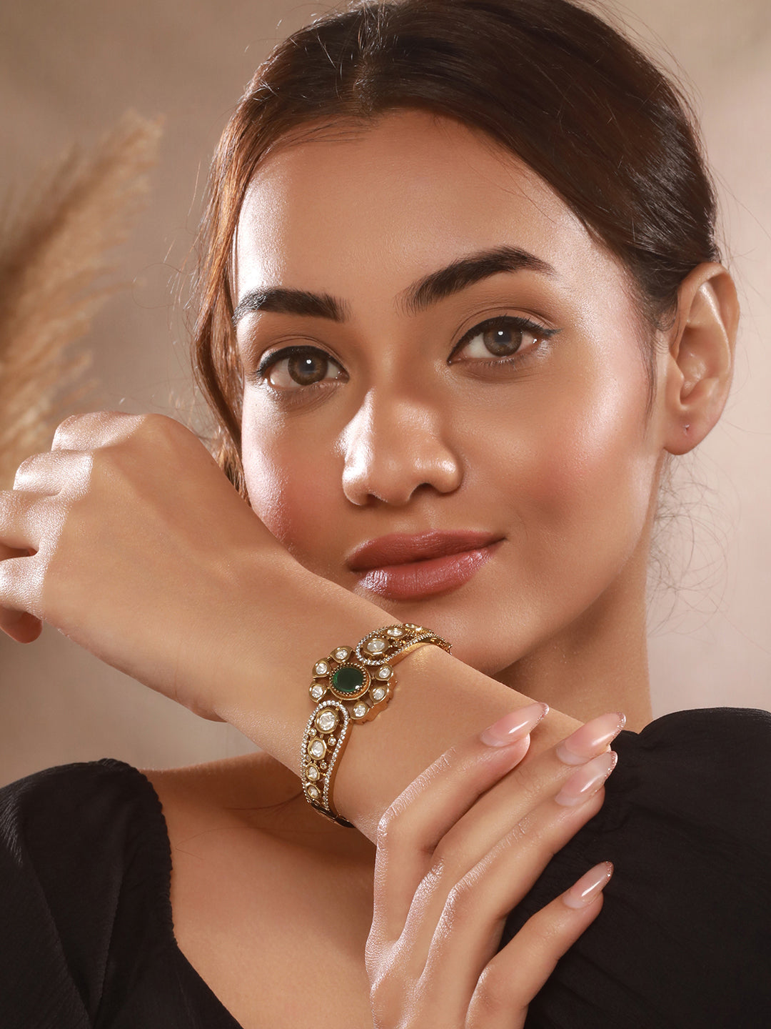 Gold Polish  Green Emerald Kundan  Mossanaite Studded  Floral Openable Kada Bracelet