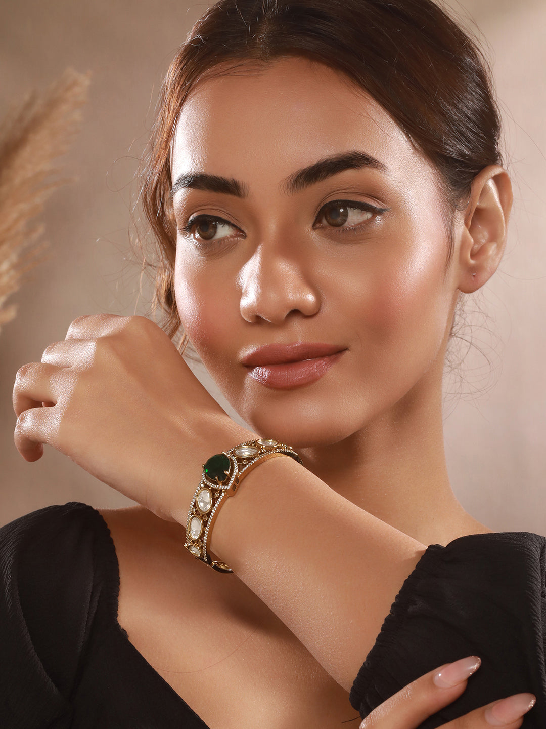 Gold Polish Green Emerald Kundan Mossanaite Studded Tilak Shaped Openable Kada Bracelet