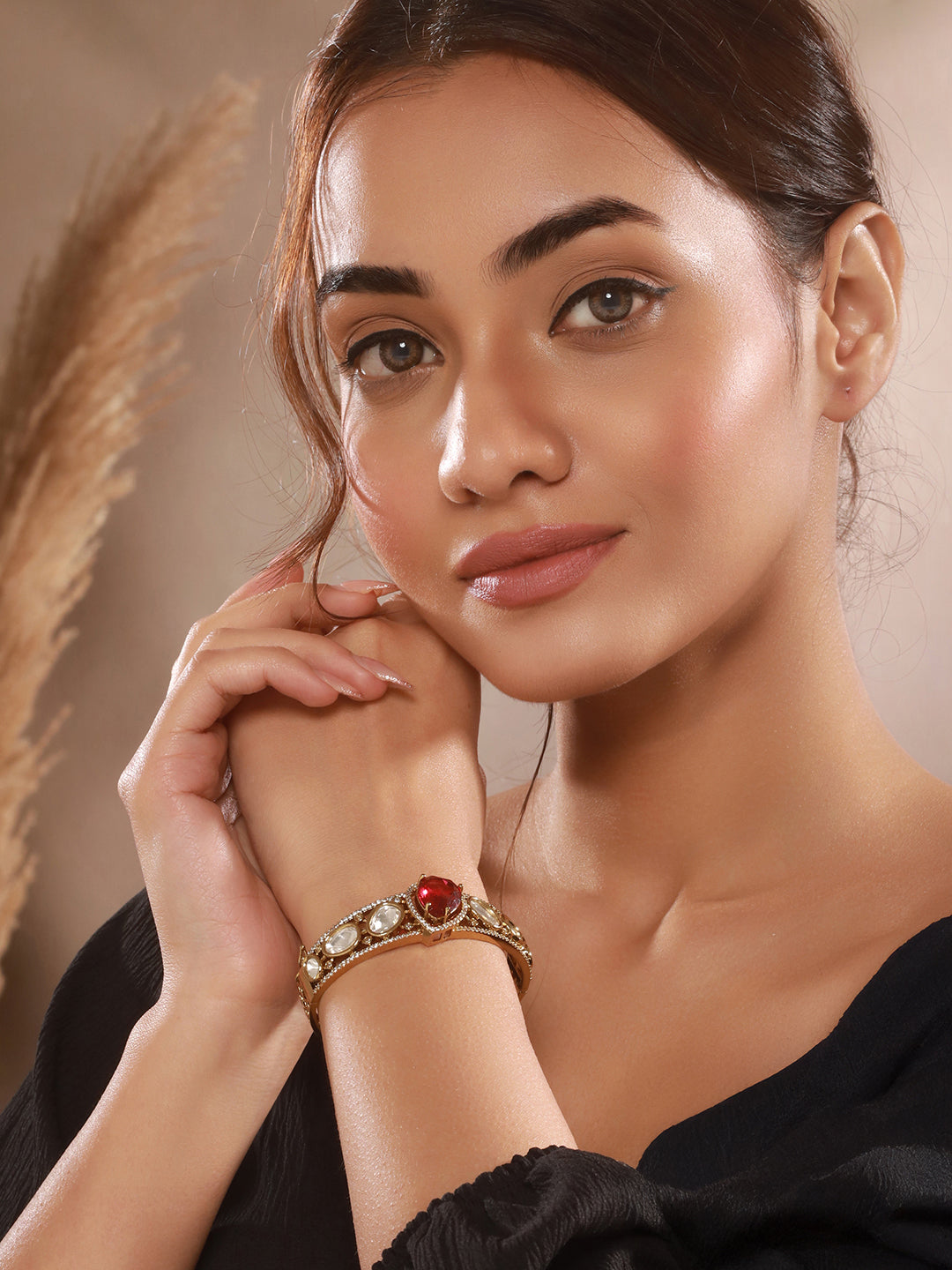 Gold Polish Ruby Red Kundan Mossanaite Tilak Shaped Openable Kada Bracelet