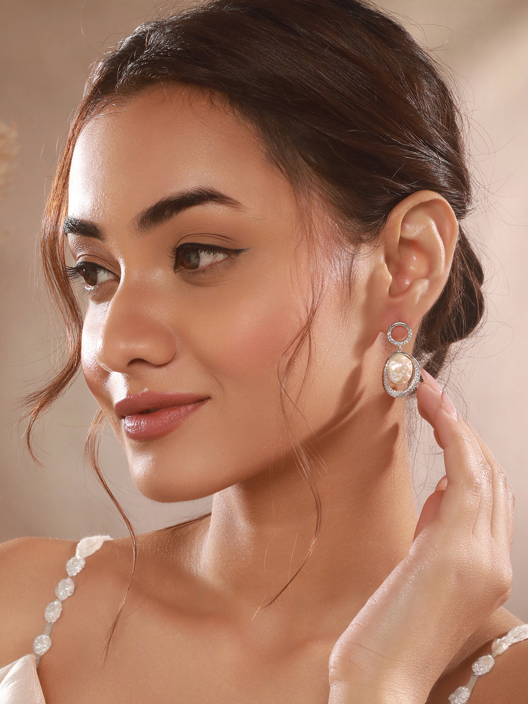 Silver Plated Quirky Pearl Drop Minimal  Orbital Earrings