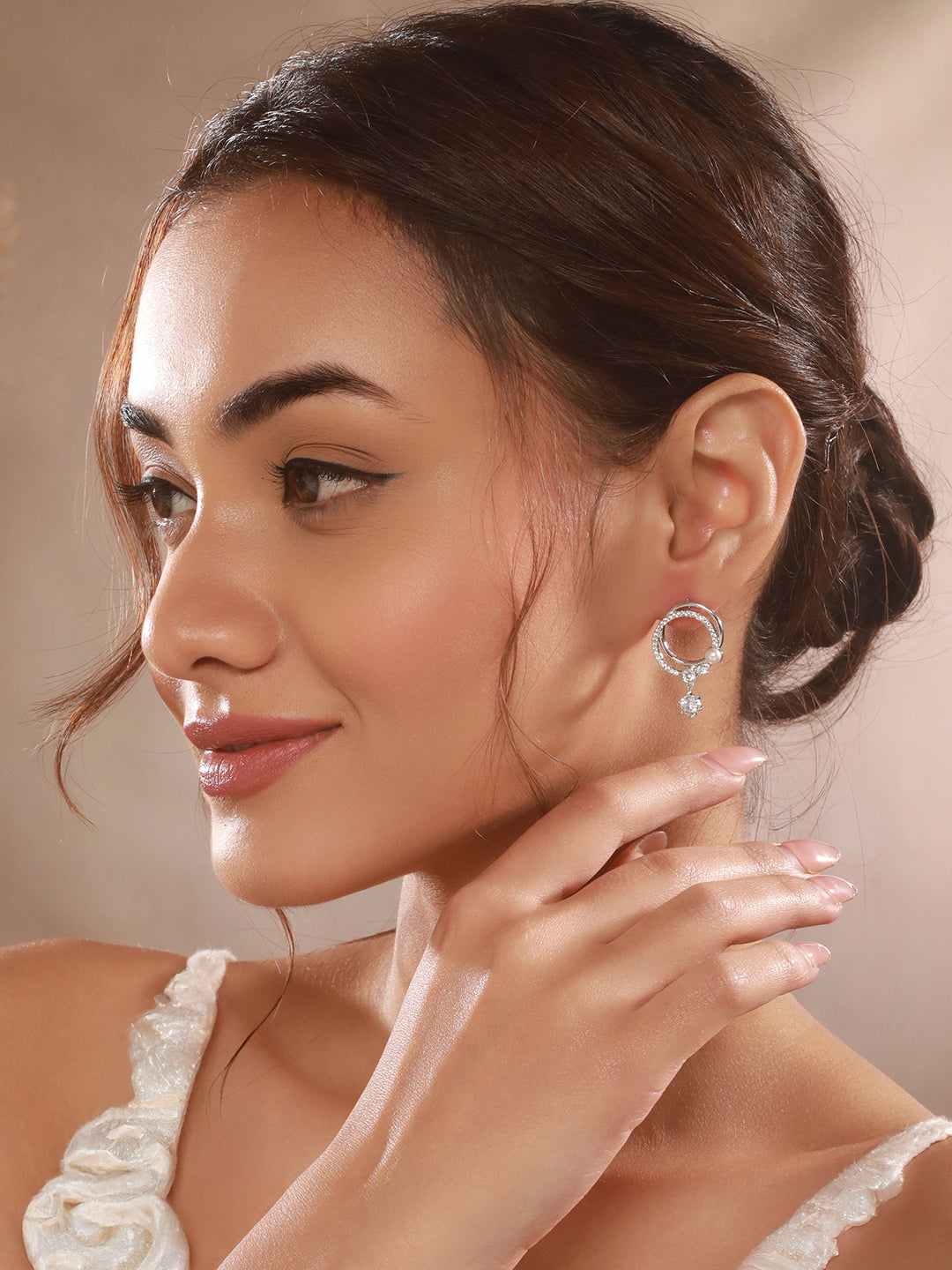 Silver Toned AD Studded  Hoop Drop Earrings