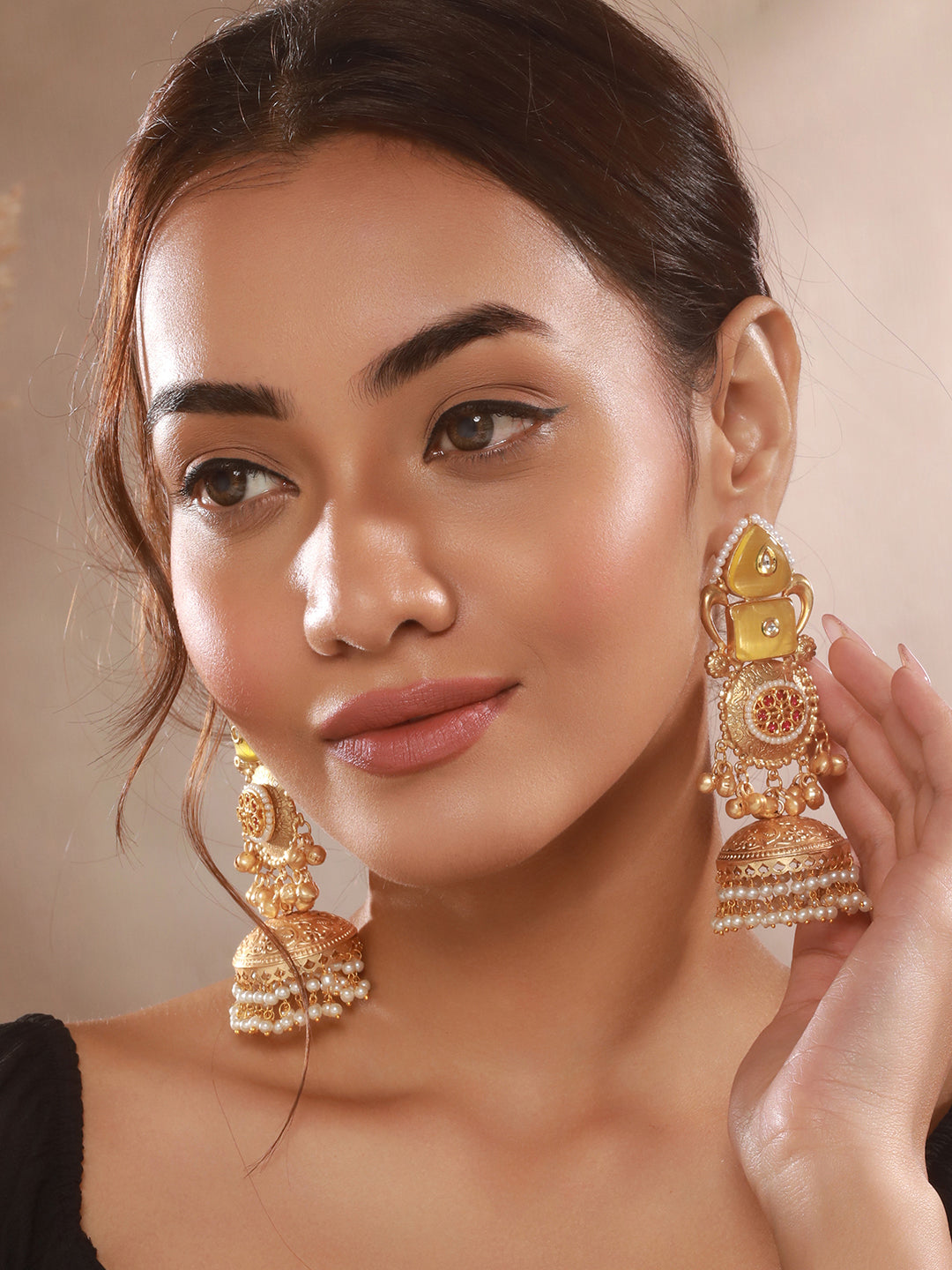 Gold Toned Yellow Stone & Kundan Lightweight Statement Large Jhumka Earrings