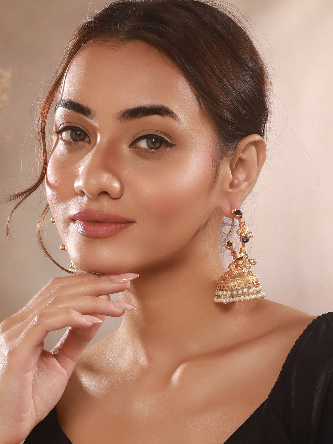 Gold Toned Blue Stone Studded Statement Ghungroo Hoop Jhumka Earrings