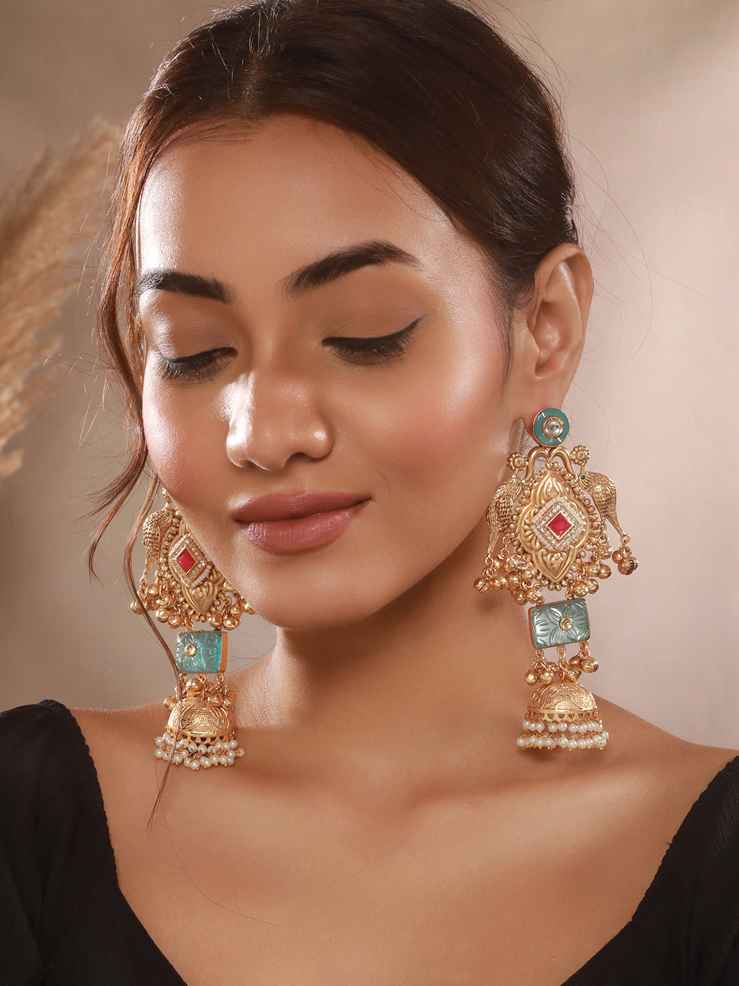 Gold Toned Kundan Studded Lightweight Bird Motif  Statement Bridal Jhumka Earrings