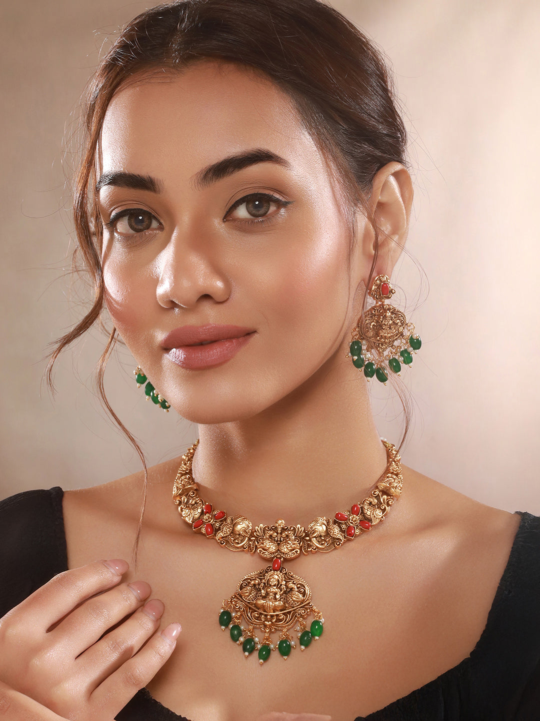 Gold Polish Red Coral Studded Lakshmiji Temple Necklace Jewellery Set