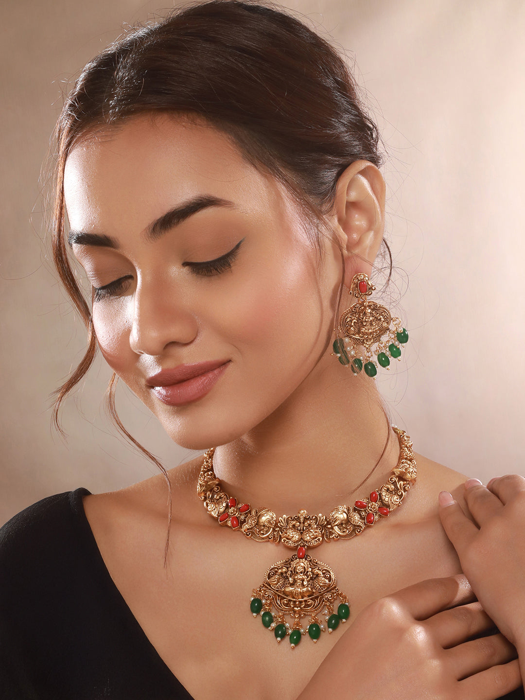 Gold Polish Red Coral Studded Lakshmiji Temple Necklace Jewellery Set