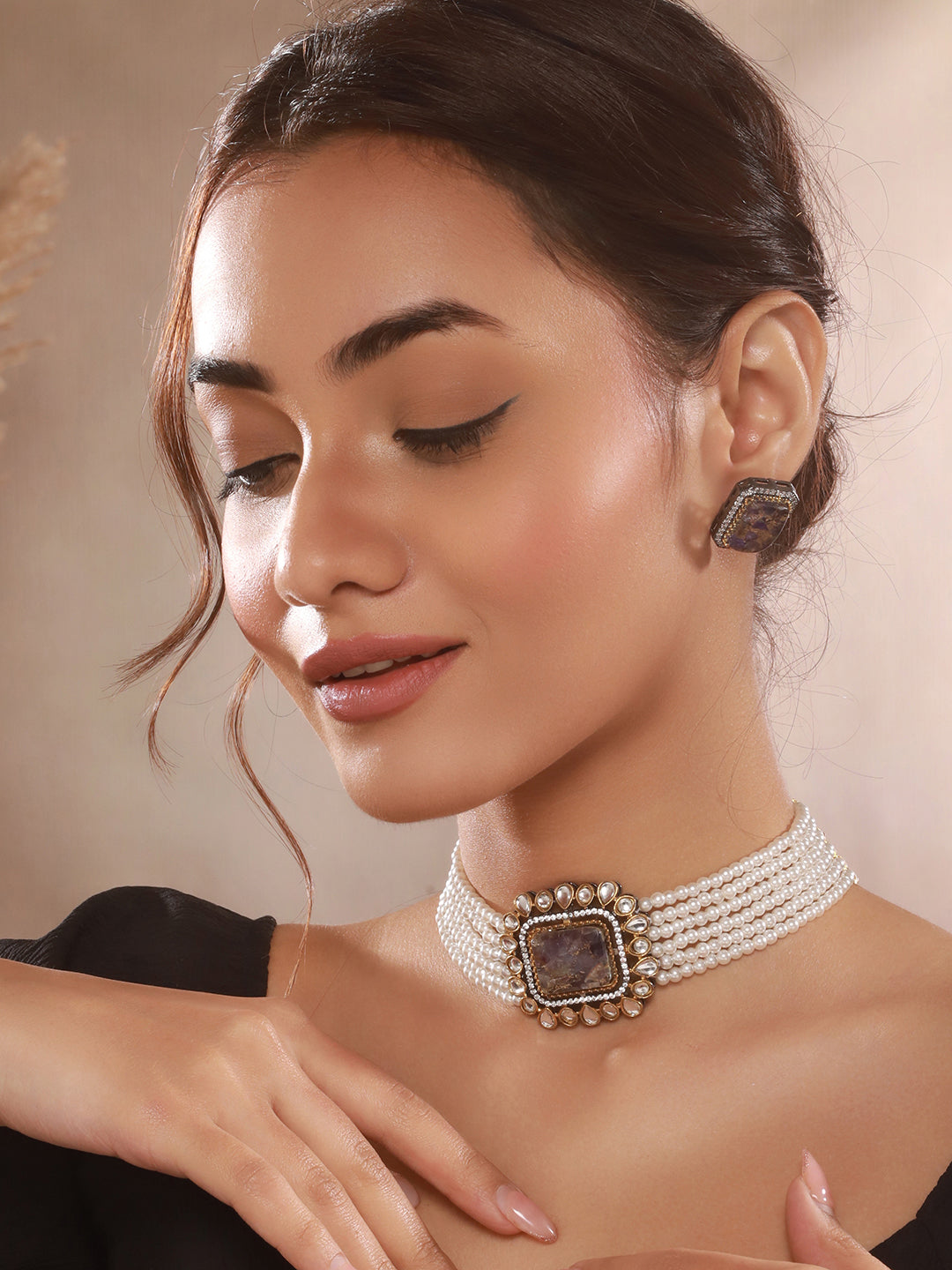 Gold Toned Amethyst Kundan Studded Layered Pearl Necklace Choker Jewellery Set