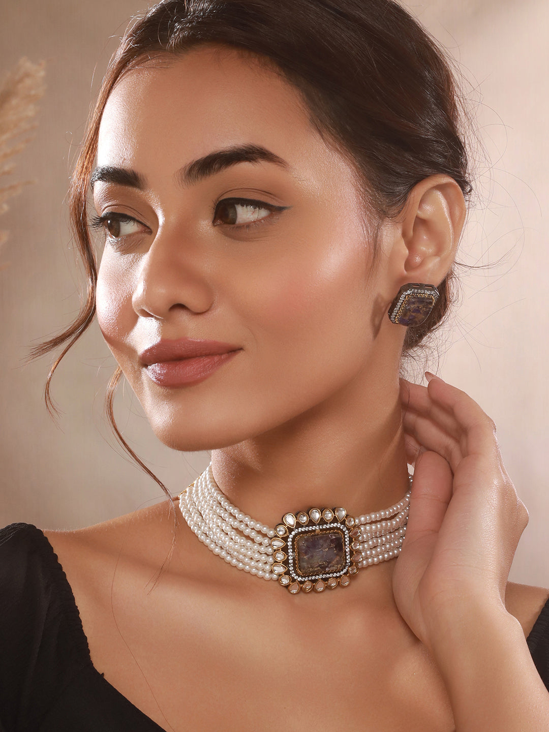 Gold Toned Amethyst Kundan Studded Layered Pearl Necklace Choker Jewellery Set