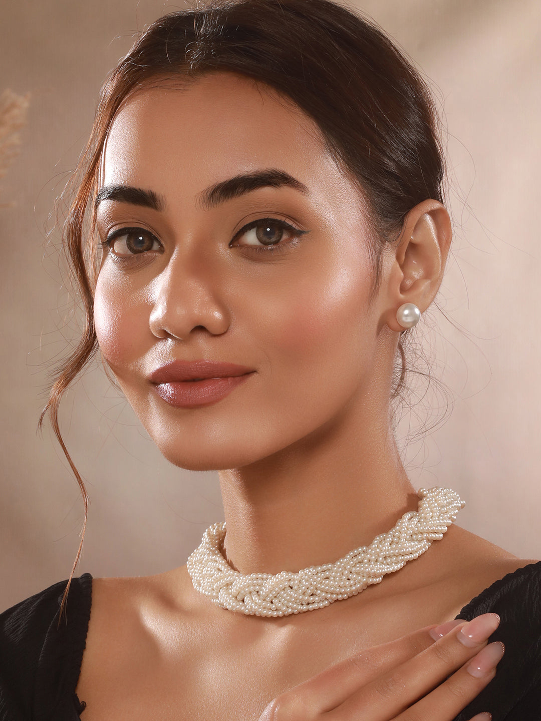 Multi Layered Pearls Braided Choker Jewelry Set