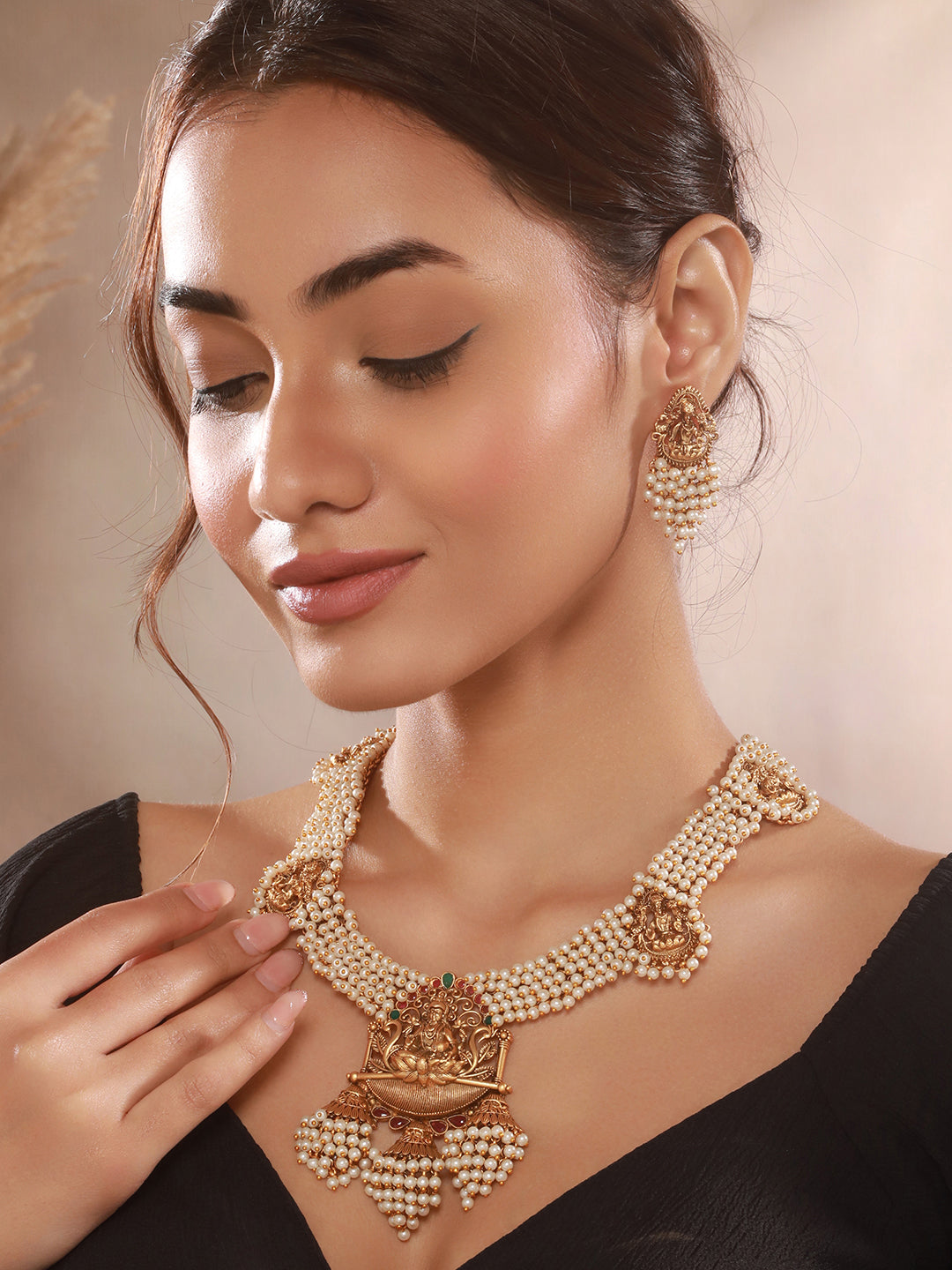 Gold Plated Pearl Beaded Haram Temple Lakshmiji Pendant Jewellery Set