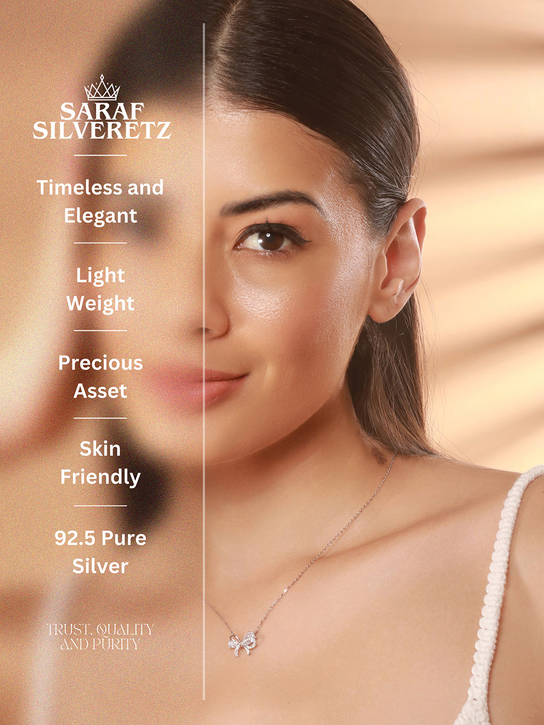 925 Sterling Silver AD Studded Minimal Bow Delicate Pendant Necklace & Chain