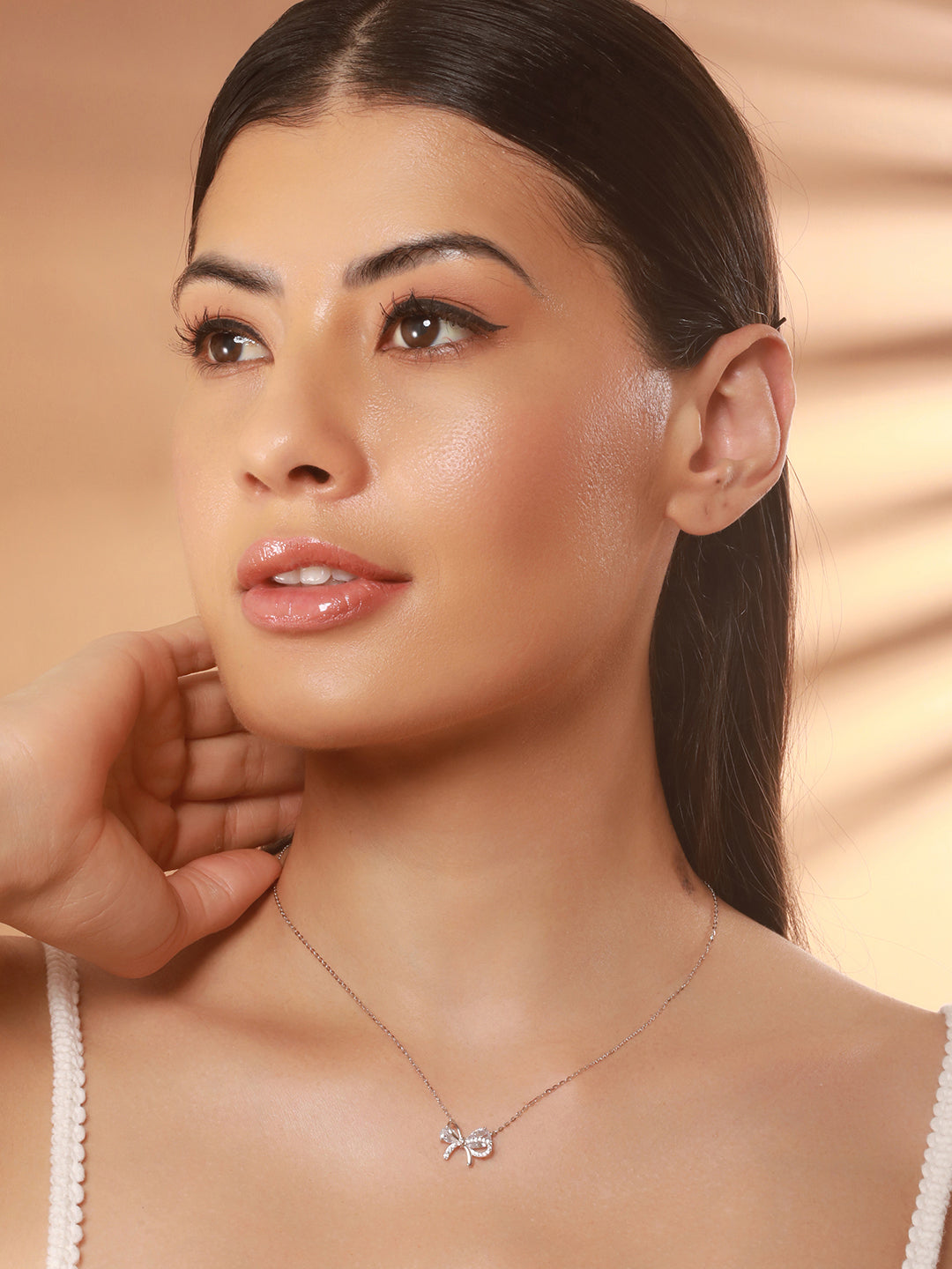 925 Sterling Silver AD Studded Minimal Bow Delicate Pendant Necklace & Chain