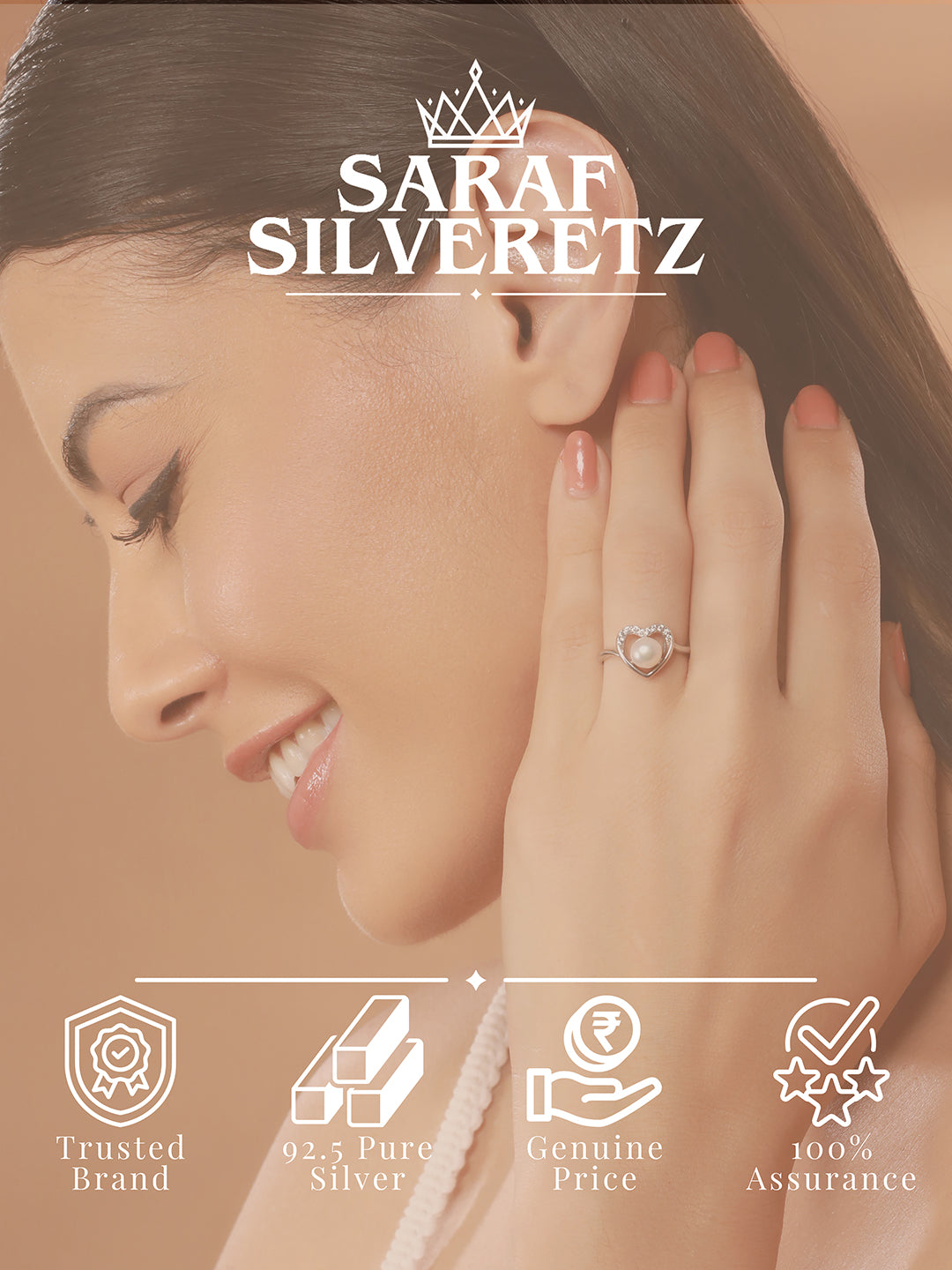 925 Silver Round Faux Pearl AD Studded Heart Shaped Proposal Finger Ring