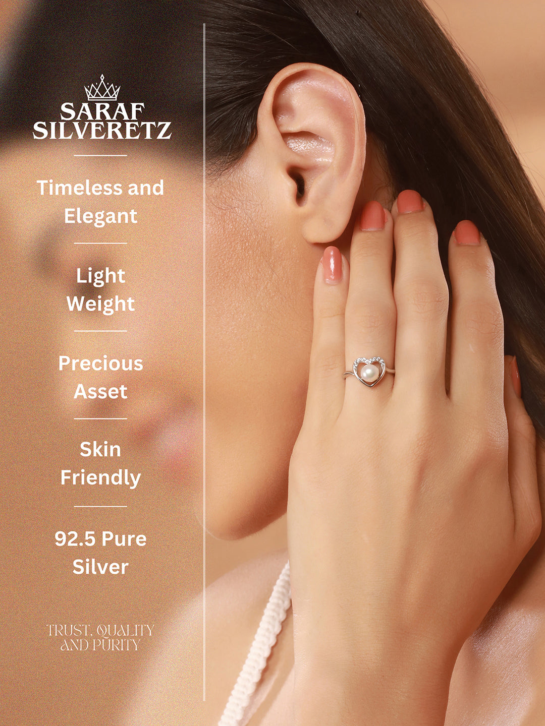 925 Silver Round Faux Pearl AD Studded Heart Shaped Proposal Finger Ring