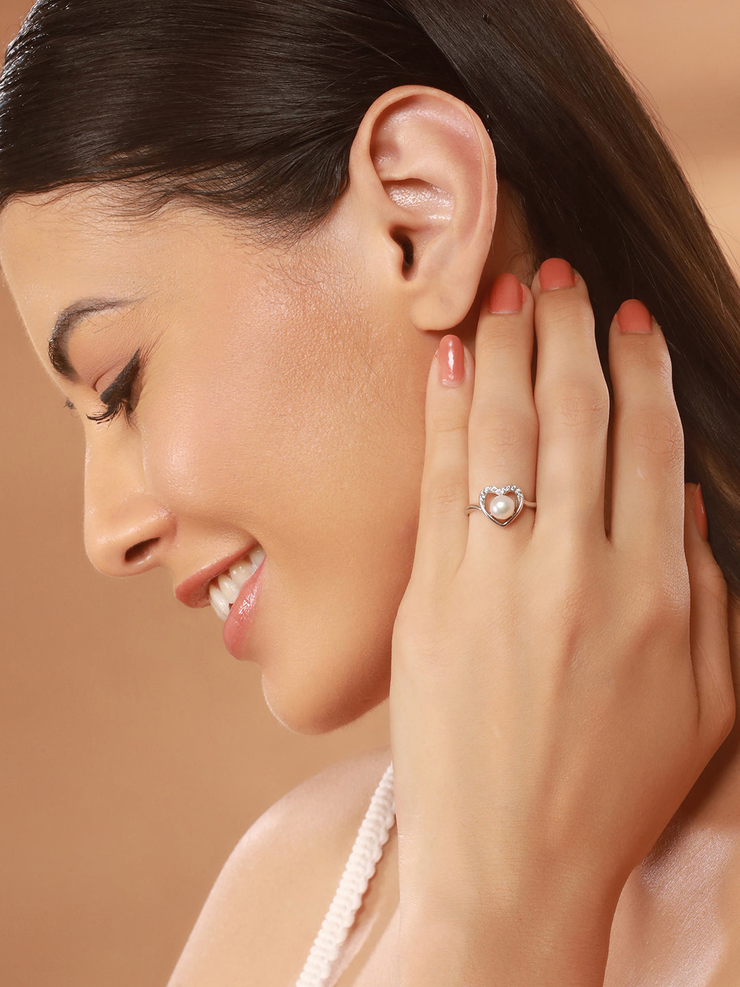 925 Silver Round Faux Pearl AD Studded Heart Shaped Proposal Finger Ring