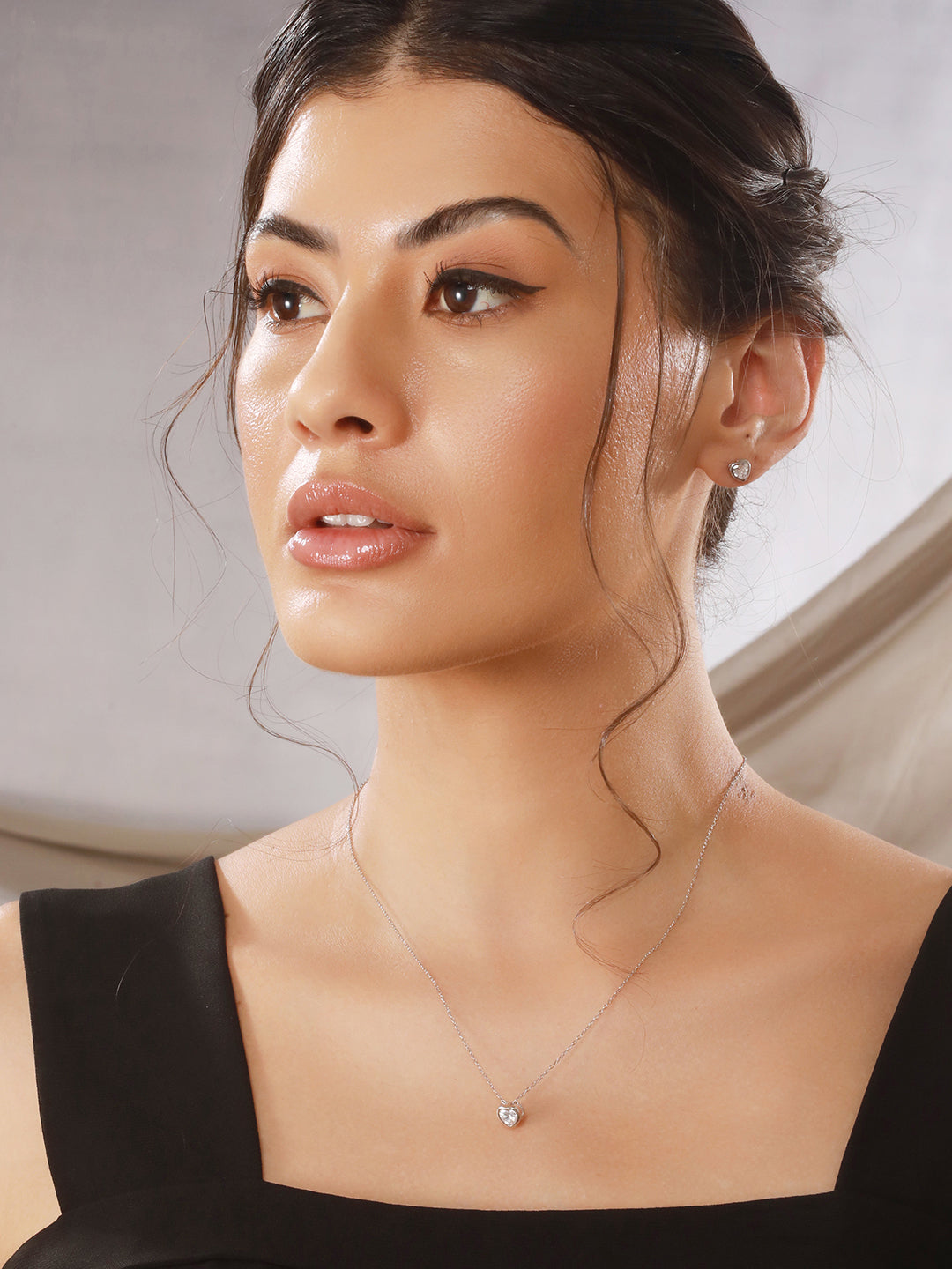 925 Sterling Silver CZ Studded Solitaire Heart Shaped Pendant Jewellery Set