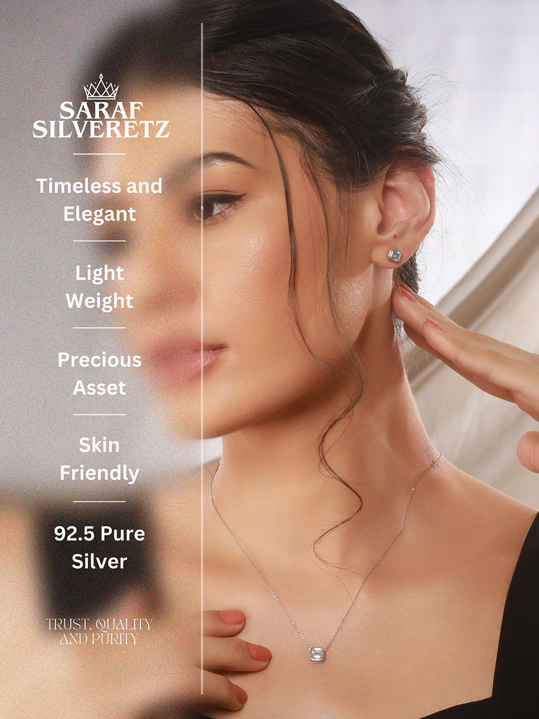 925 Sterling Silver AD Studded Geometric Halo Square Solitaire Locket Jewellery Set