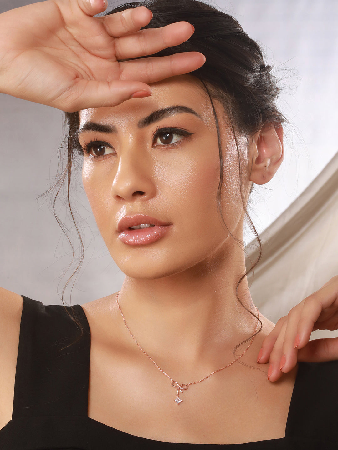 925 Sterling Silver Rose Gold AD Studded Minimal Bow Designer  Pendant Necklace & Chain