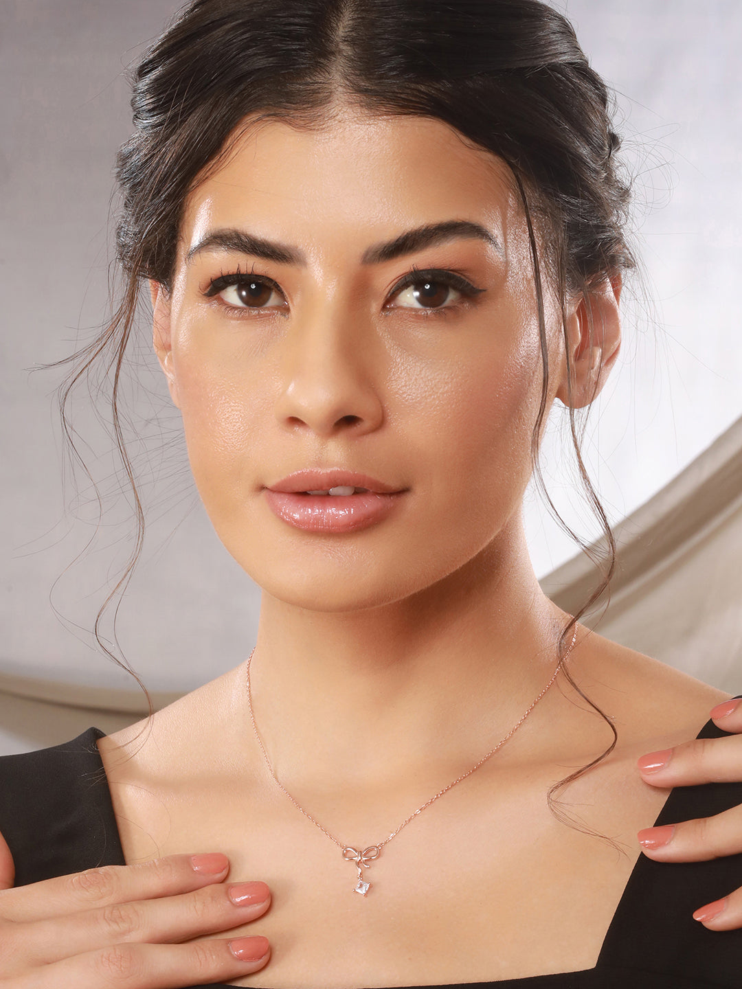 925 Sterling Silver Rose Gold AD Studded Minimal Bow Designer  Pendant Necklace & Chain