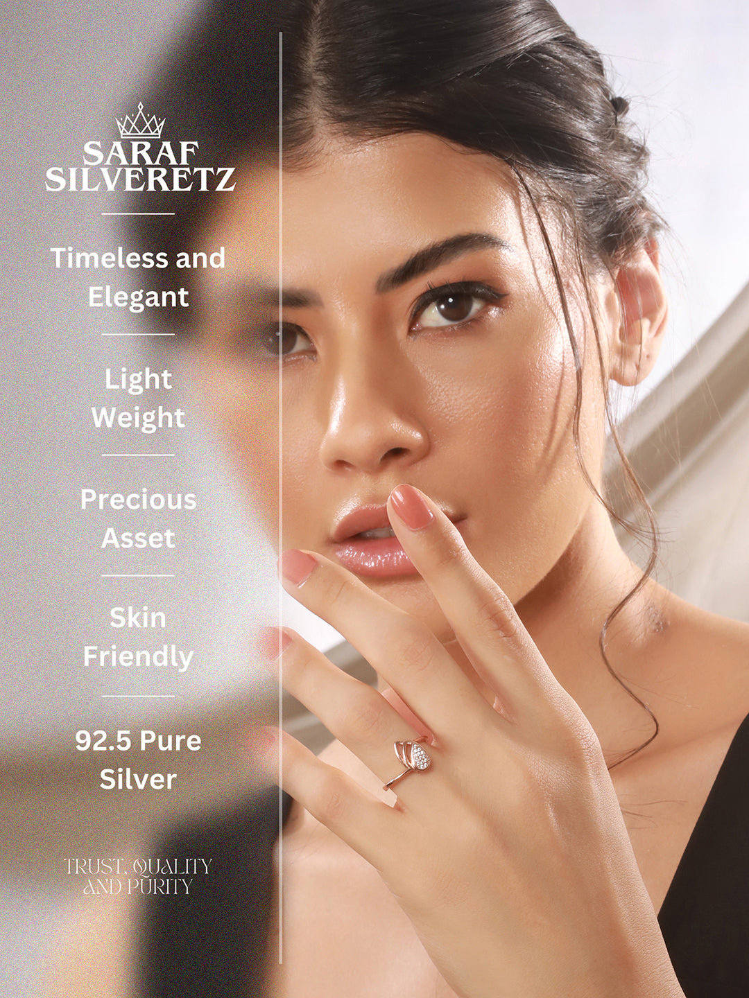 925 Sterling Silver Rose Gold Plated AD Studded Leaf Shaped Proposal Adjustable Finger Ring