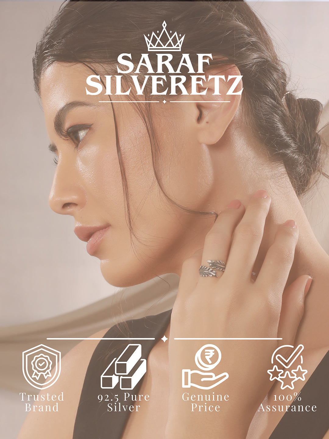 925 Sterling Silver Oxidised Dailywear minimal Leafy Adjustable Finger Ring