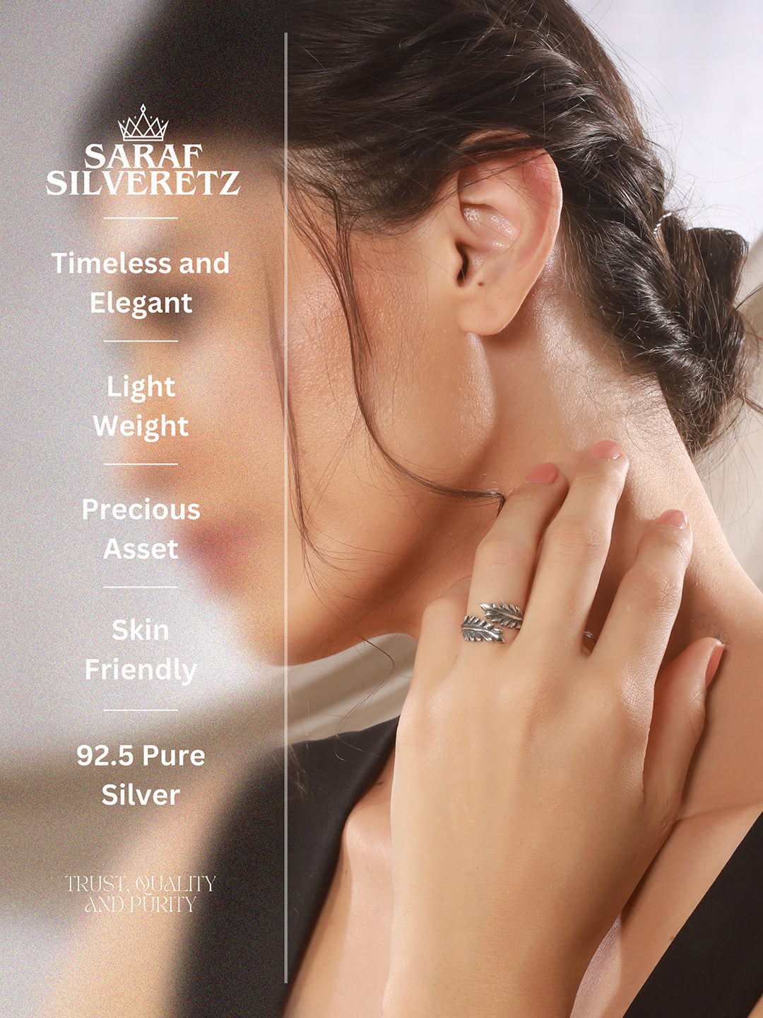 925 Sterling Silver Oxidised Dailywear minimal Leafy Adjustable Finger Ring