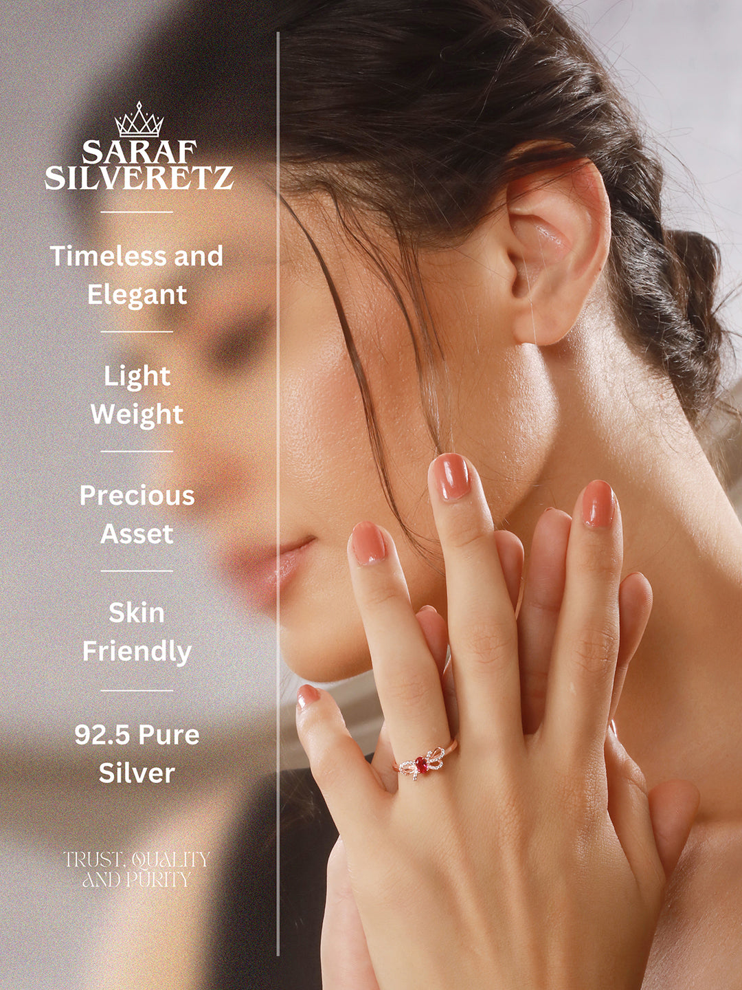 925 Sterling Silver Red Ruby Studded Rose gold Plated  Cherry Bow Adjustable Finger Ring