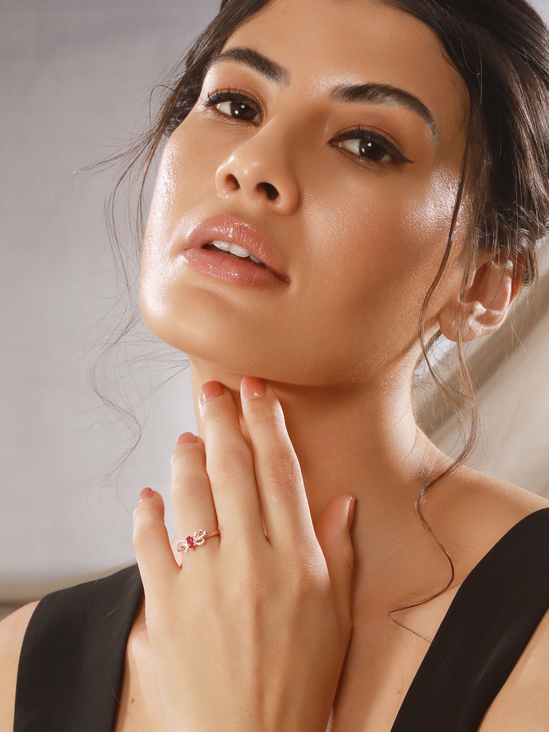 925 Sterling Silver Red Ruby Studded Rose gold Plated  Cherry Bow Adjustable Finger Ring