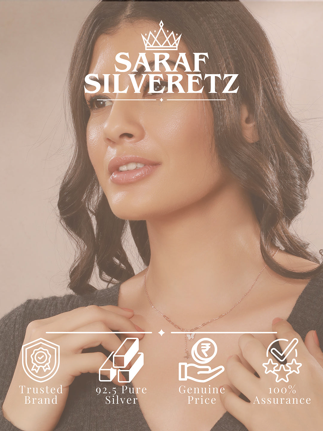 925 Sterling Silver CZ Studded  Rose Gold Plated Butterfly Tassle Minimal Necklace & Chain