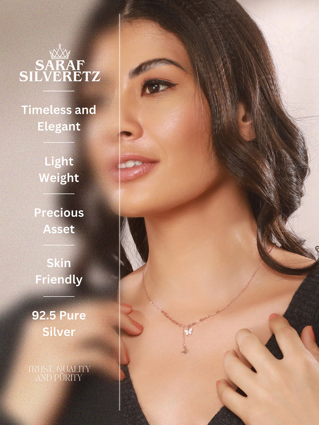 925 Sterling Silver CZ Studded  Rose Gold Plated Butterfly Tassle Minimal Necklace & Chain