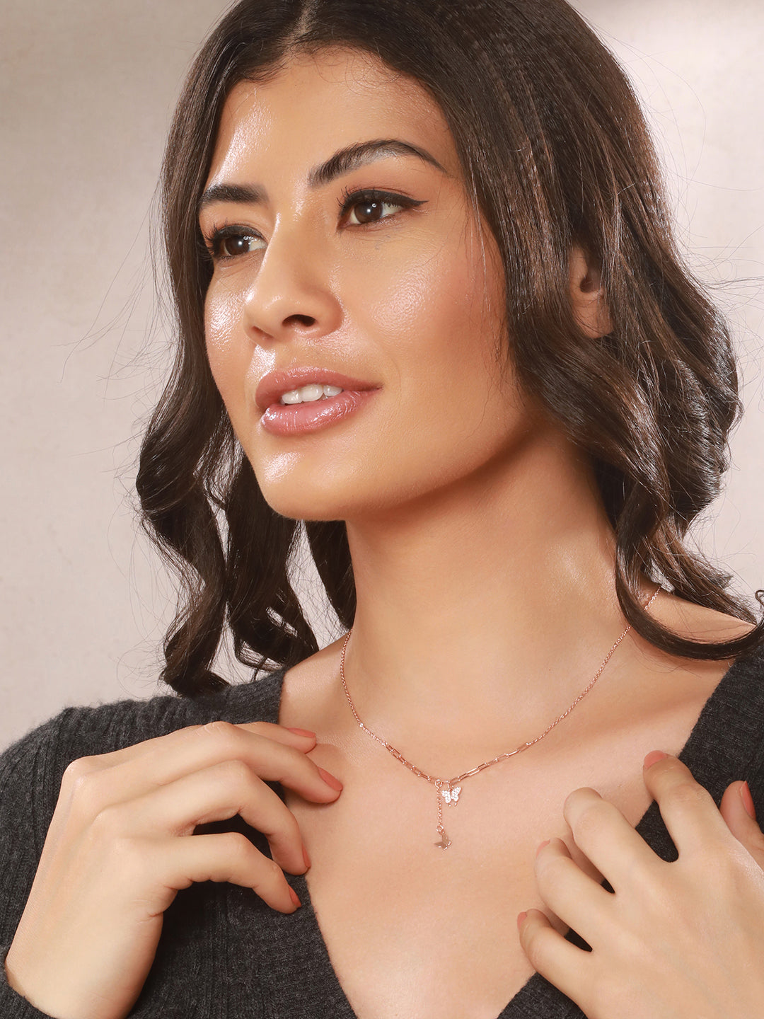 925 Sterling Silver CZ Studded  Rose Gold Plated Butterfly Tassle Minimal Necklace & Chain