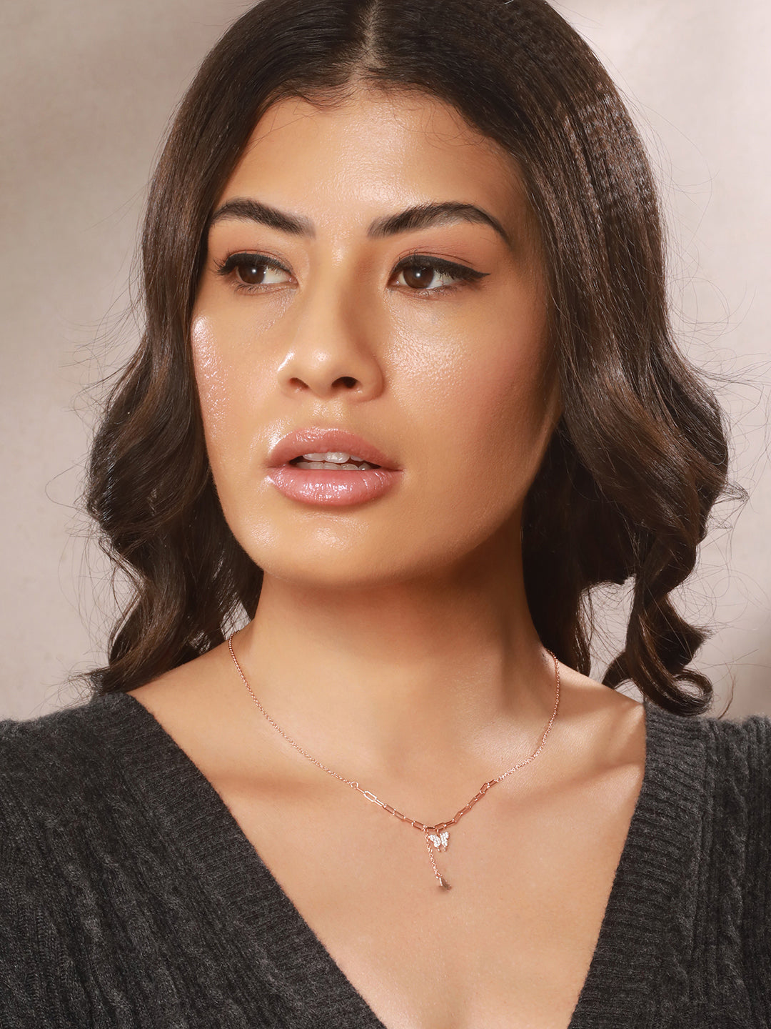 925 Sterling Silver CZ Studded  Rose Gold Plated Butterfly Tassle Minimal Necklace & Chain