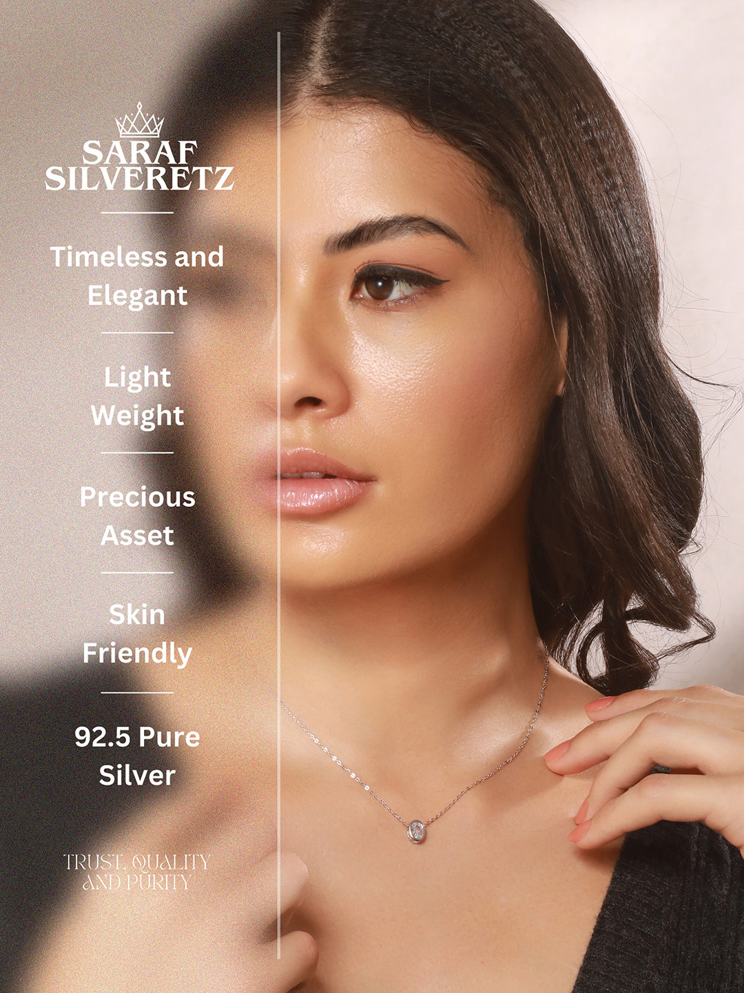 925 Sterlling Silver CZ Studded Oval AD Solitaire Pendant Necklace & Chain