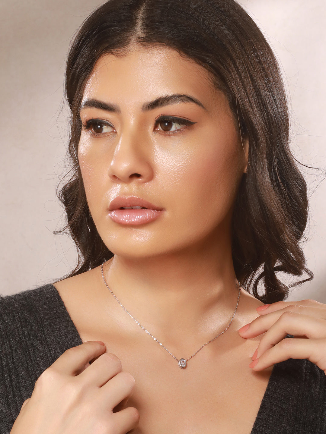 925 Sterlling Silver CZ Studded Oval AD Solitaire Pendant Necklace & Chain