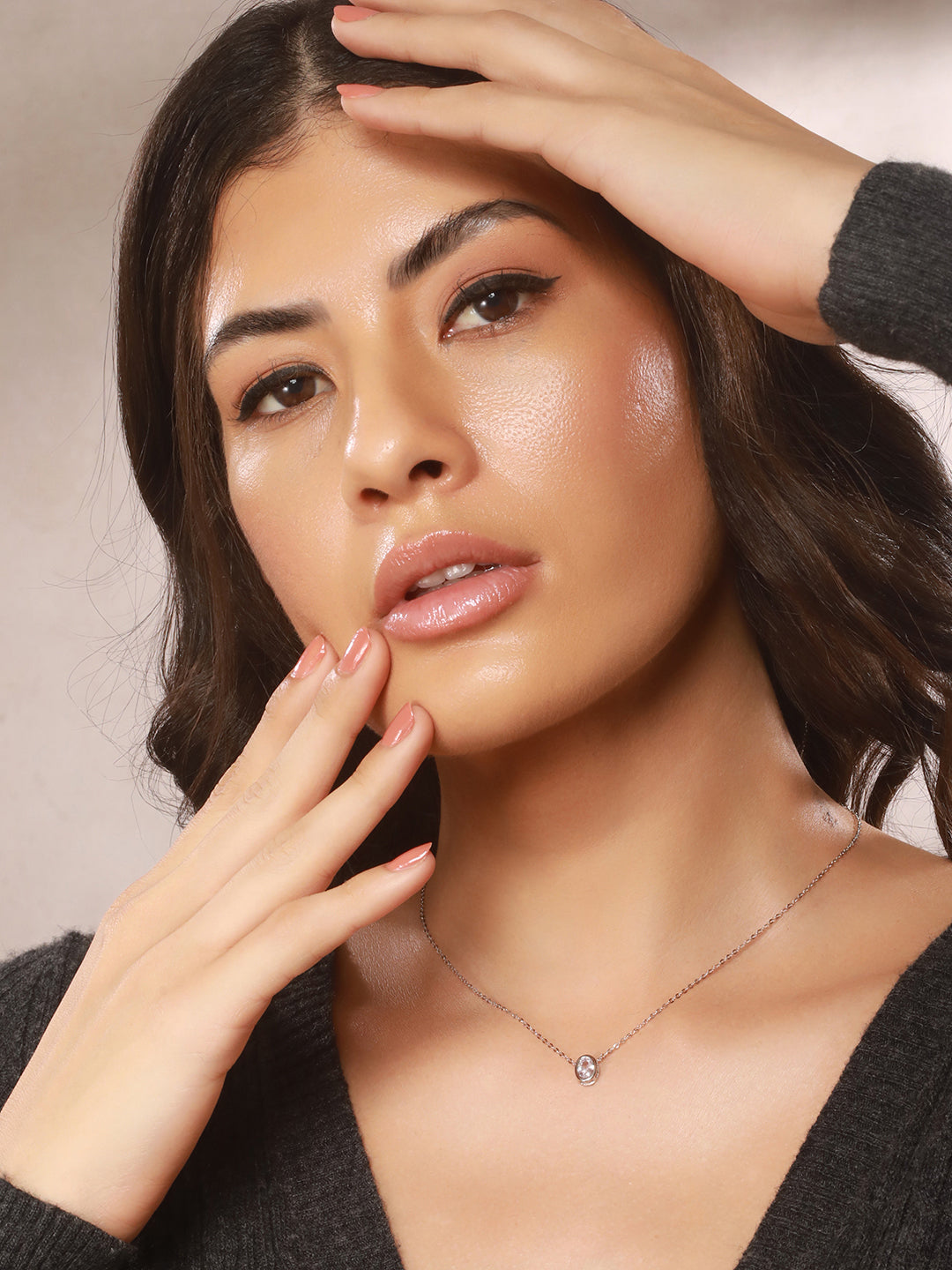 925 Sterlling Silver CZ Studded Oval AD Solitaire Pendant Necklace & Chain