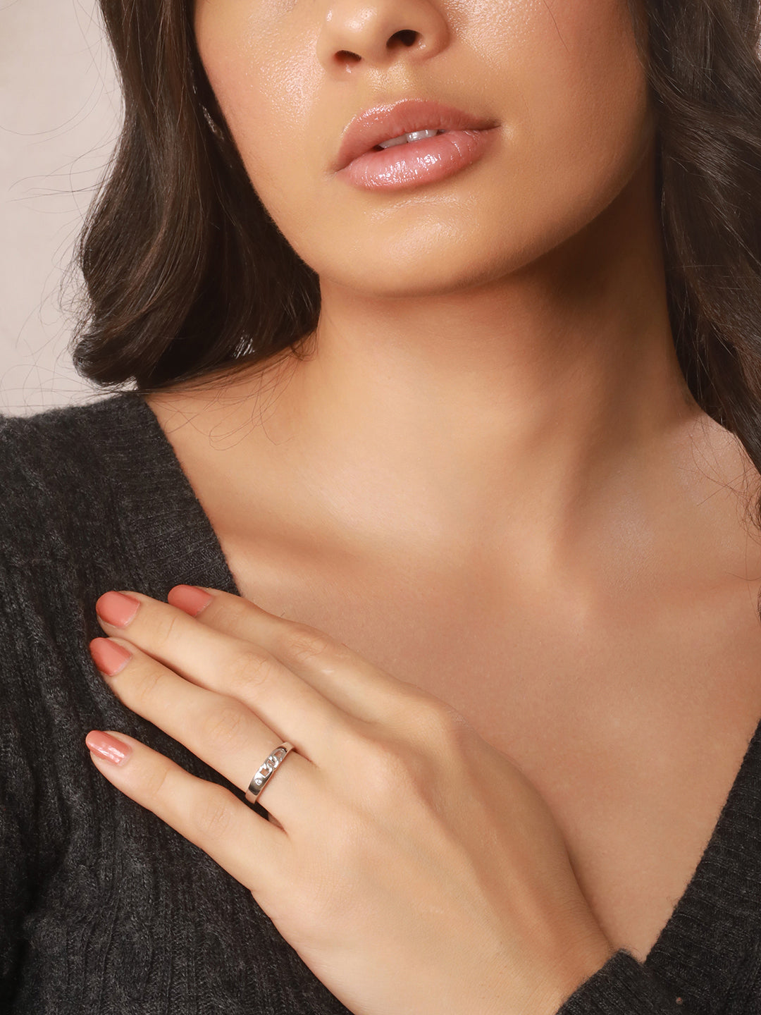 925 Sterling Silver Rhodium Plated Minimal Link love Adjustable Finger Band Ring