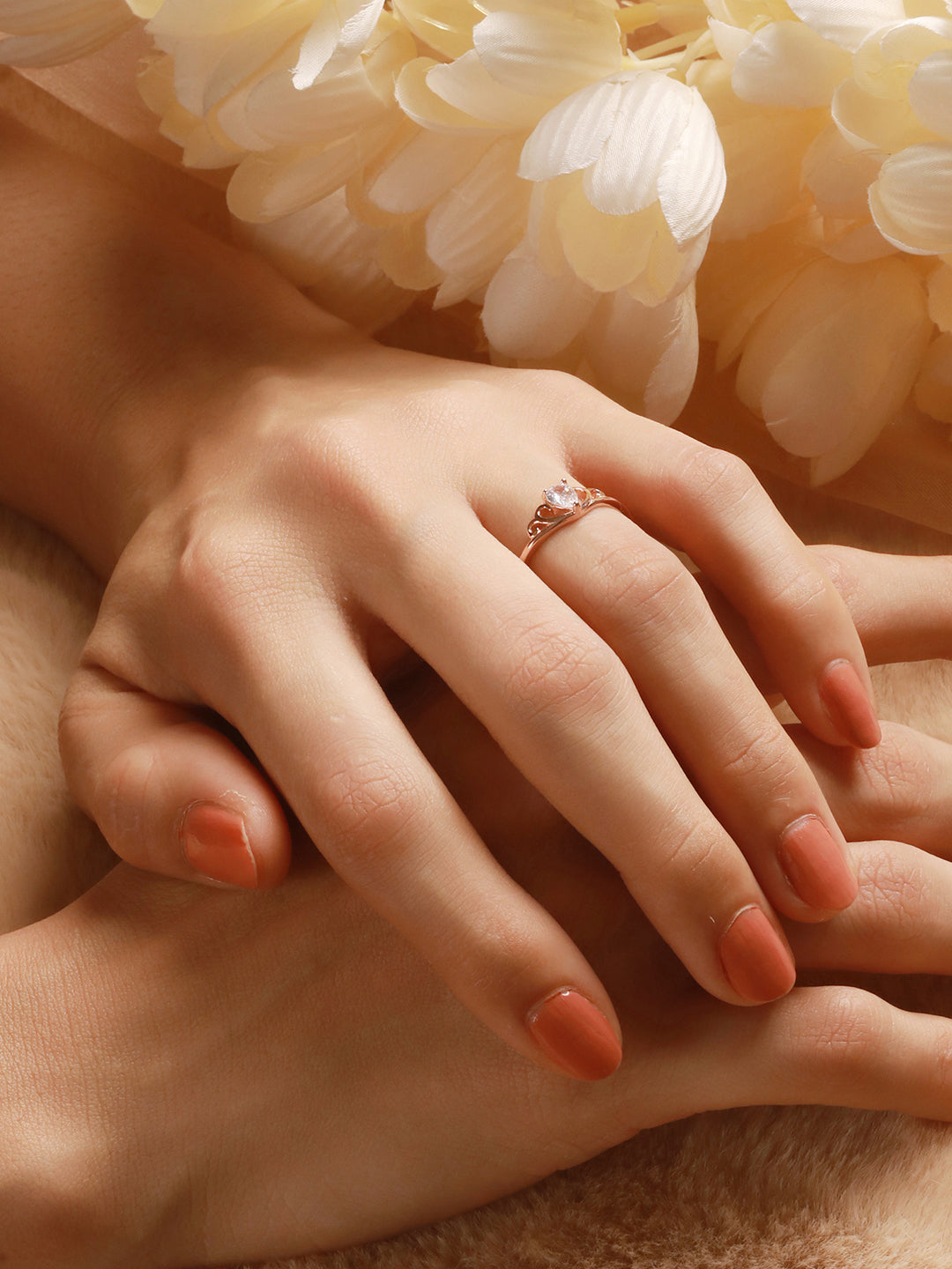 925 Sterling Silver Rose Gold Plated AD Studded Minimal Crown Finger Ring