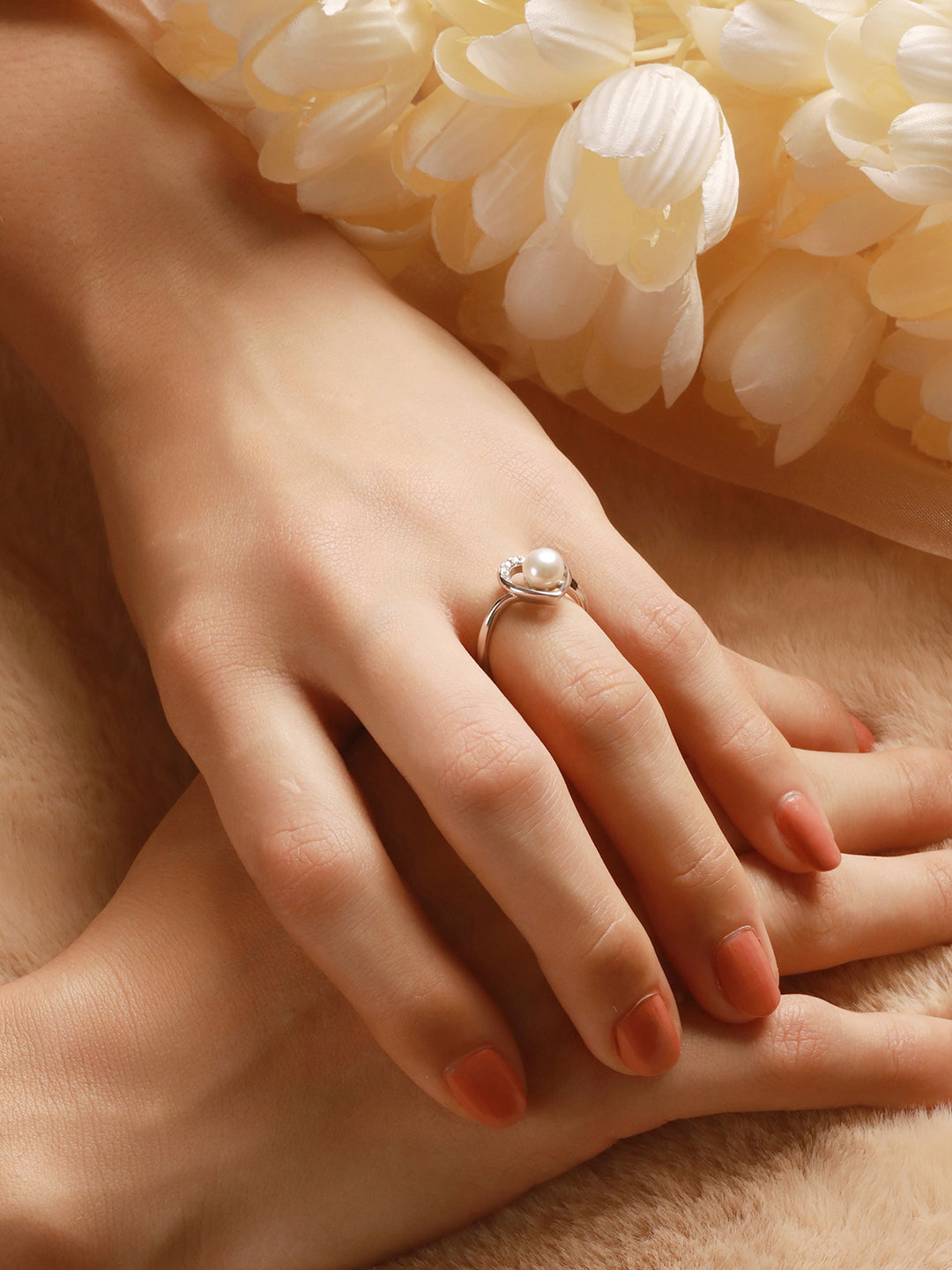 925 Silver Round Faux Pearl AD Studded Heart Shaped Proposal Finger Ring